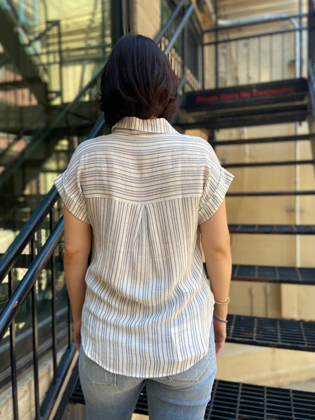 Ozias Plus Navy Striped Pintuck Cuffed Sleeve Top