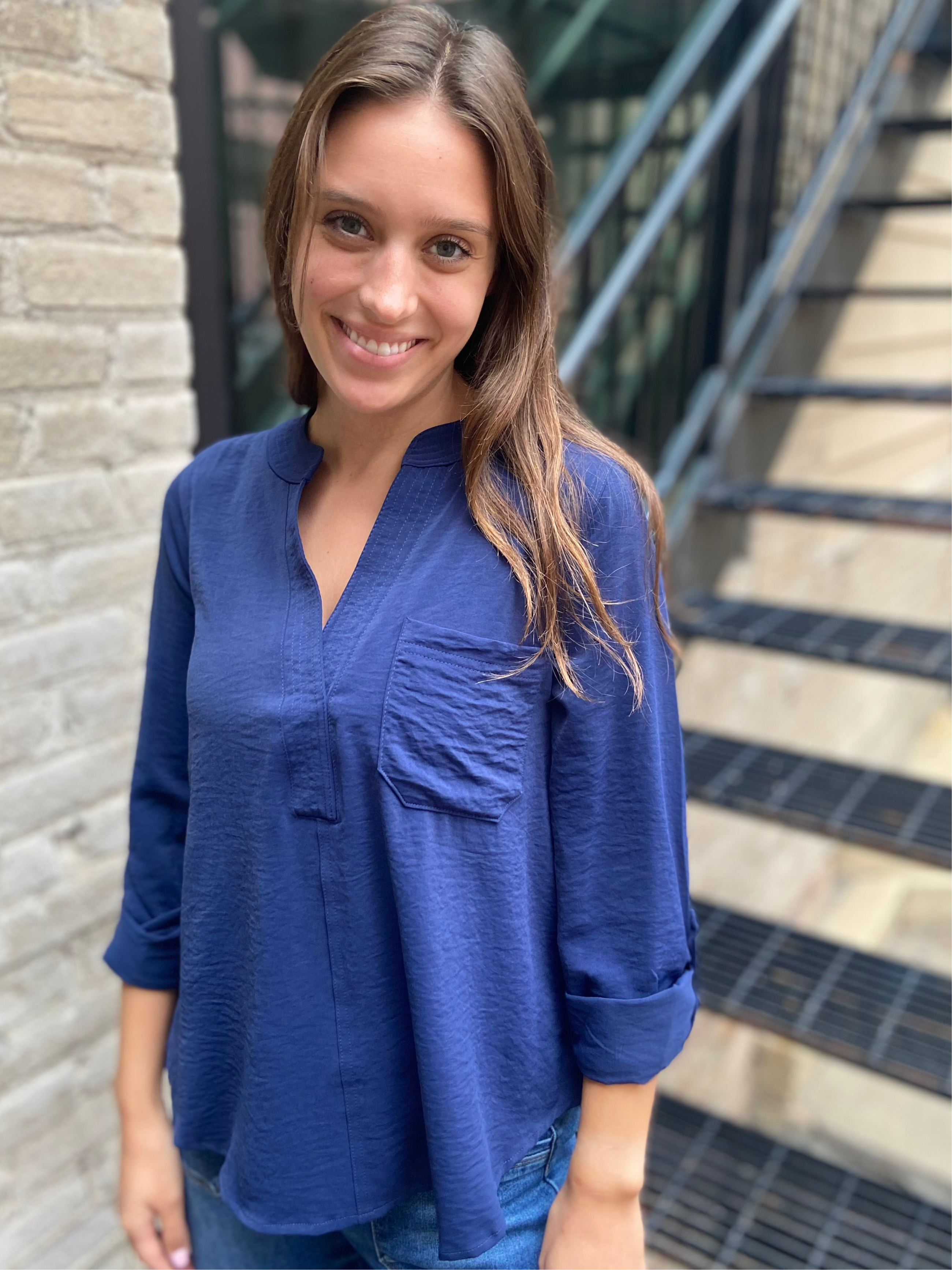 Oriana Navy V-Neck Long Sleeve