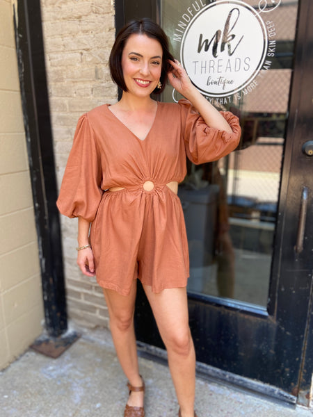 Lina Burnt Orange Half Sleeve Linen Romper