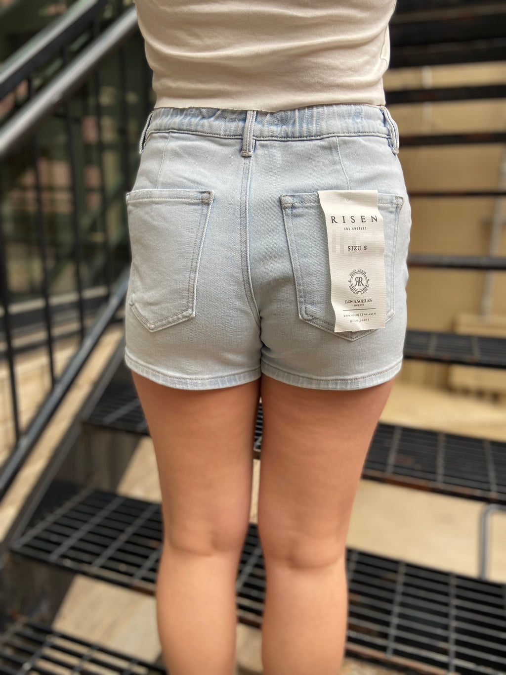 Allie Light Wash Elastic Tie Risen Jean Shorts