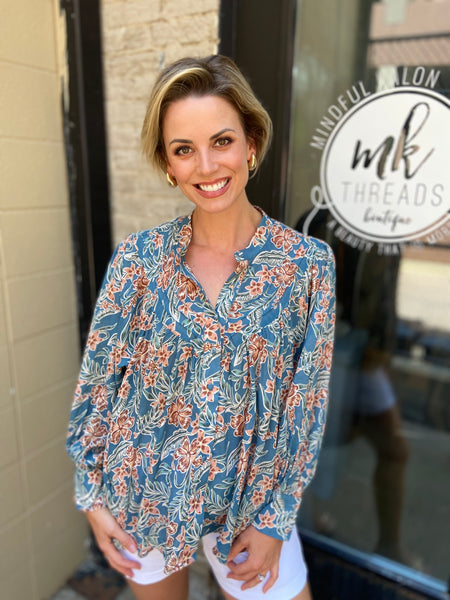 Gale Blue Retro Floral Long Sleeve Blouse