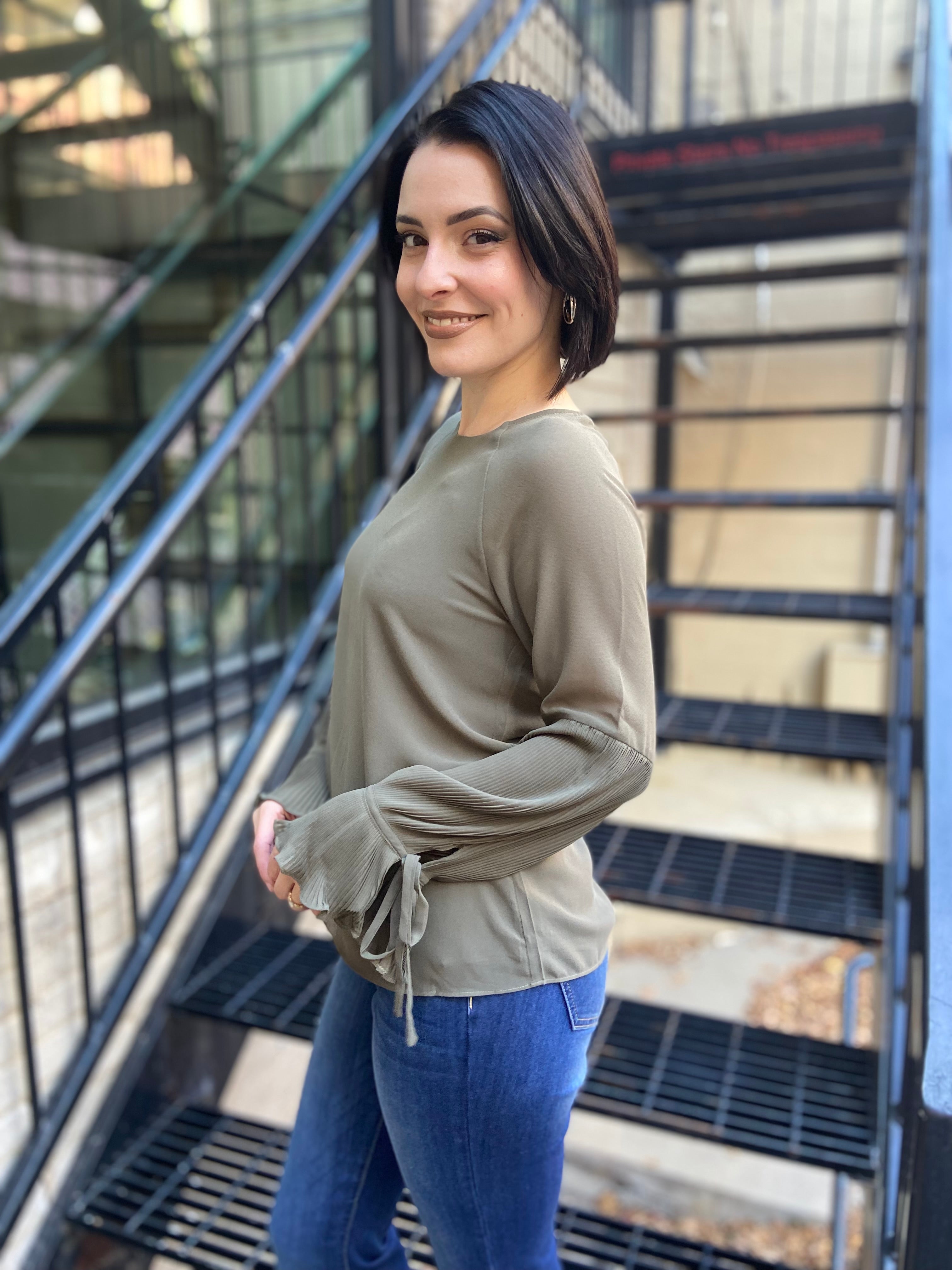 Olivia Olive Pleated Bell Sleeve Long Sleeve Blouse