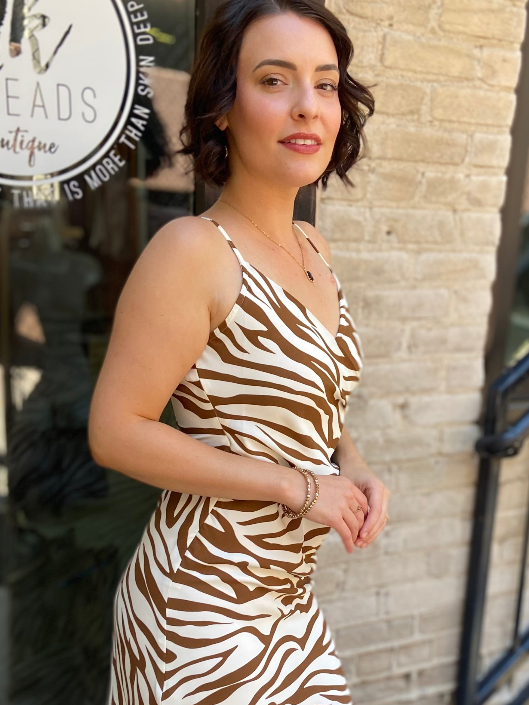 Callie Brown Zebra Print Midi Dress