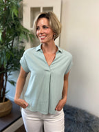 Celeste Sage Collard Cuffed Linen Top - MK Threads Boutique