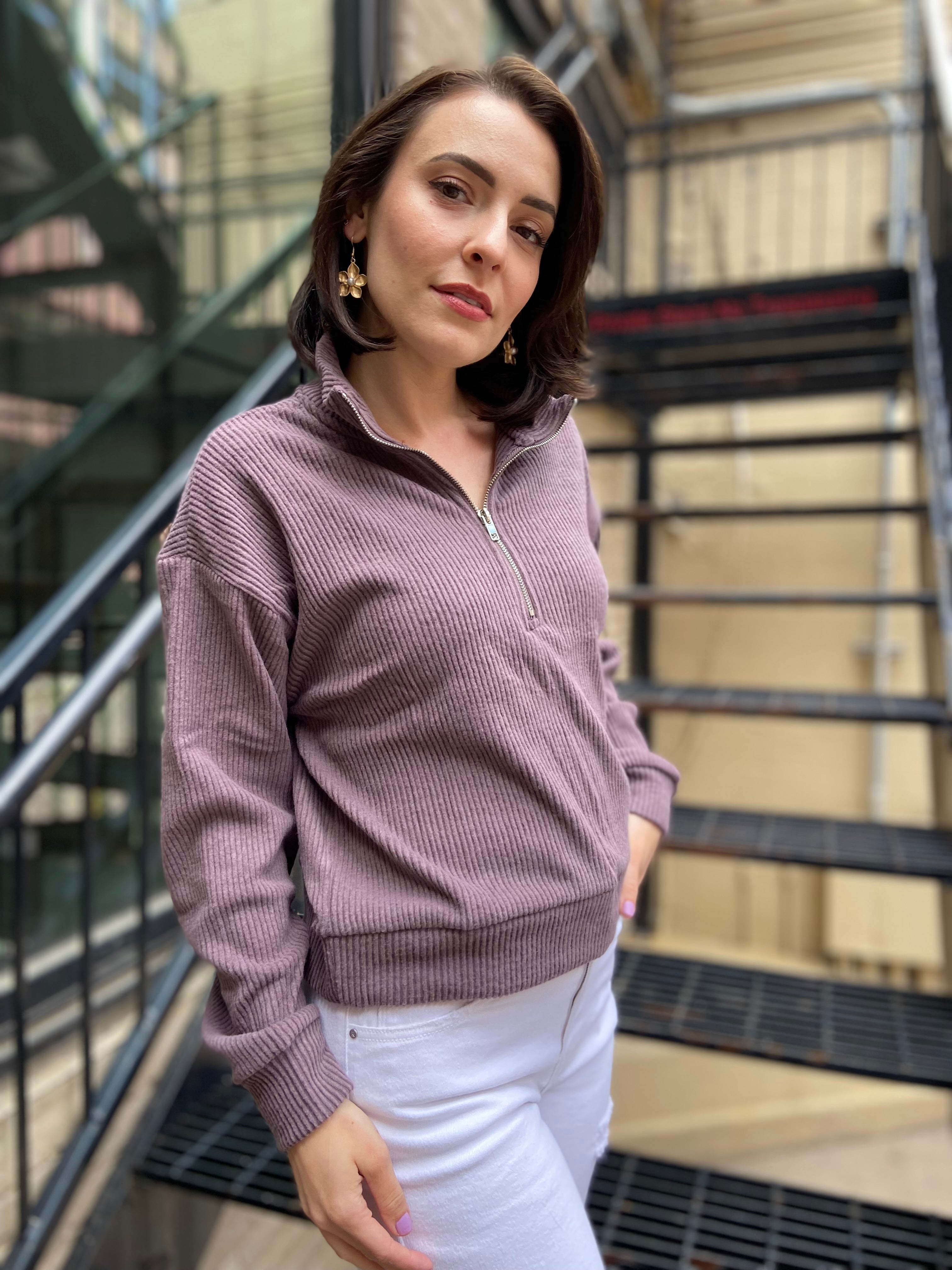 Kallie Taro Drop Shoulder Ribbed Half Zip - MK Threads Boutique