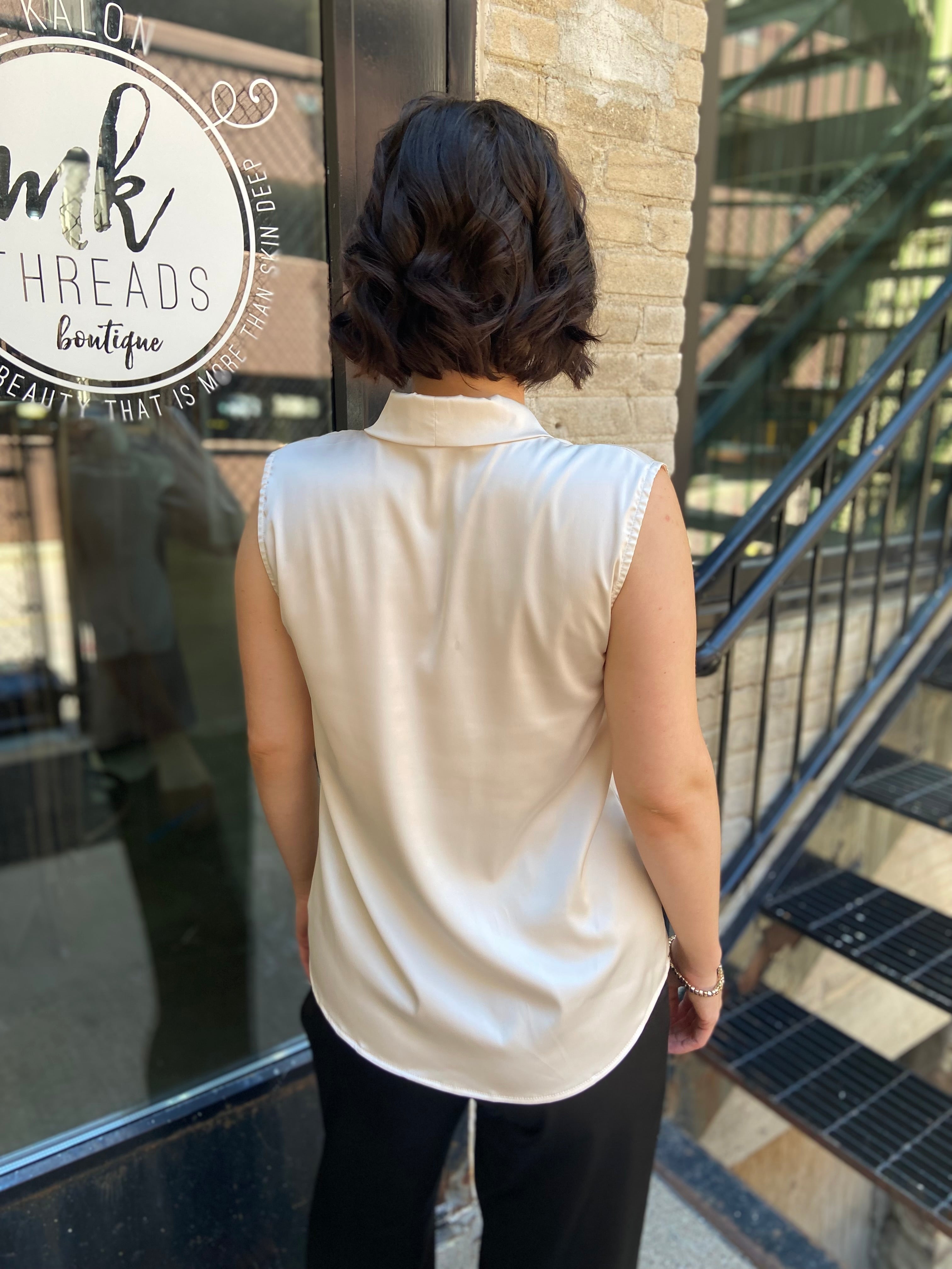Abbey Champagne Satin Collard Sleeveless Blouse