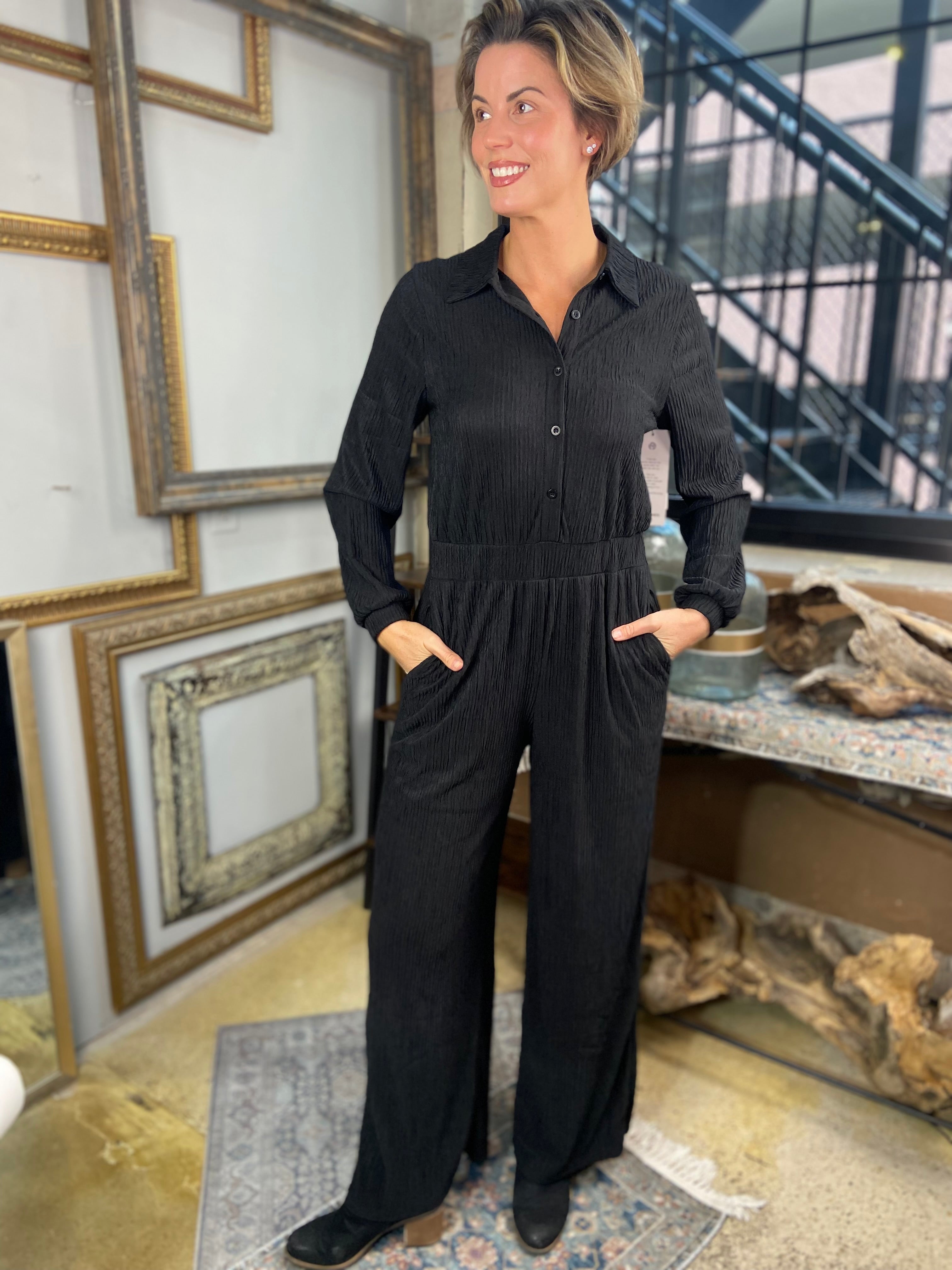 Lillie Black Long Sleeve Button Up Crinkle Jumpsuit