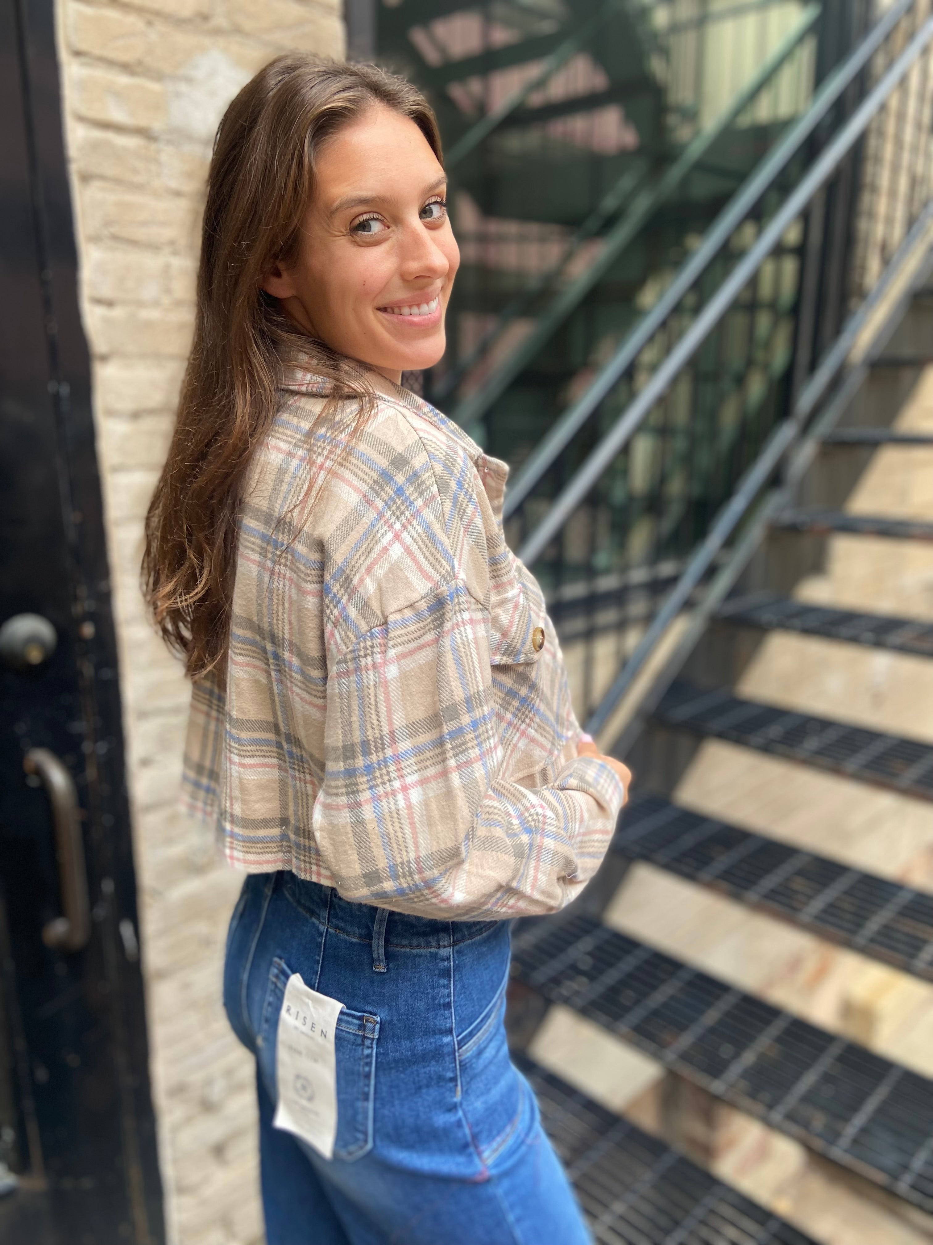 Nance Light Taupe Cropped Plaid Shacket