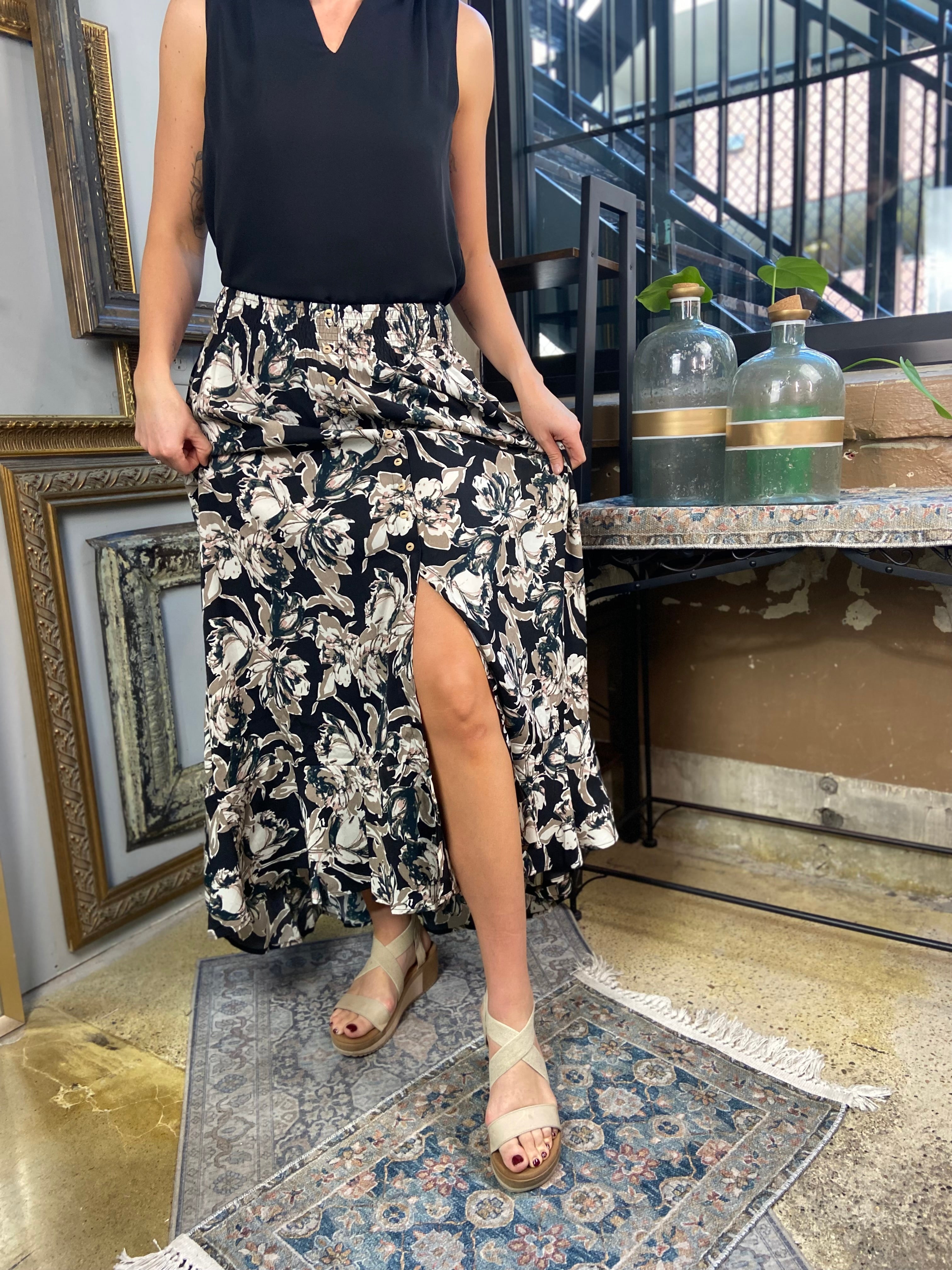 Mae Black Pattern Maxi Skirt