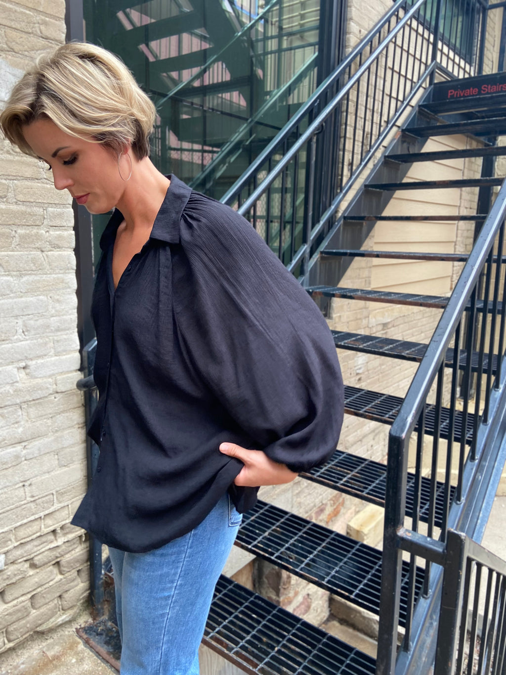 Hollis Black Front Tie Long Sleeve Button Up