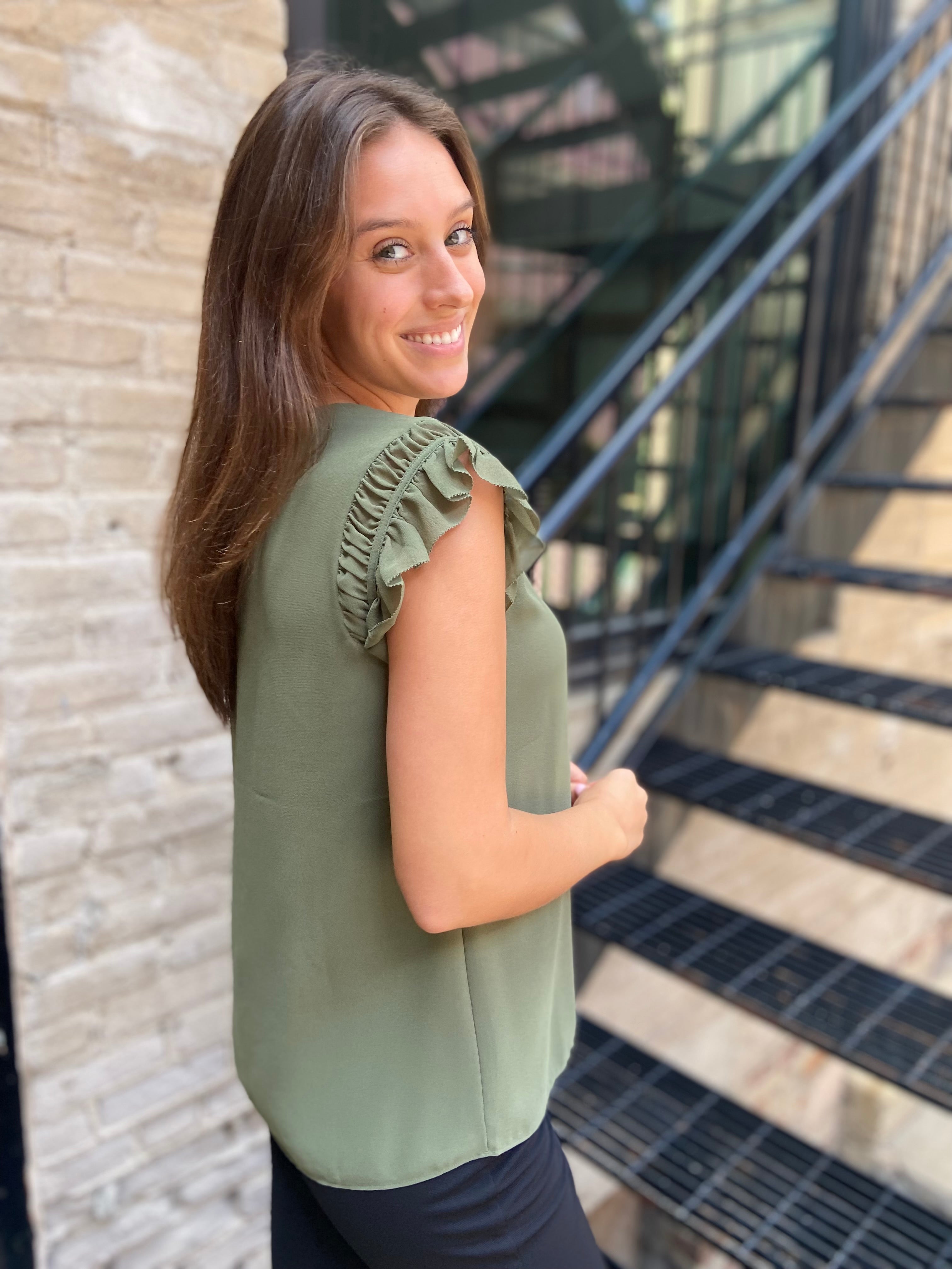 Miles Green Ruffled Shoulder Cap Sleeve Top