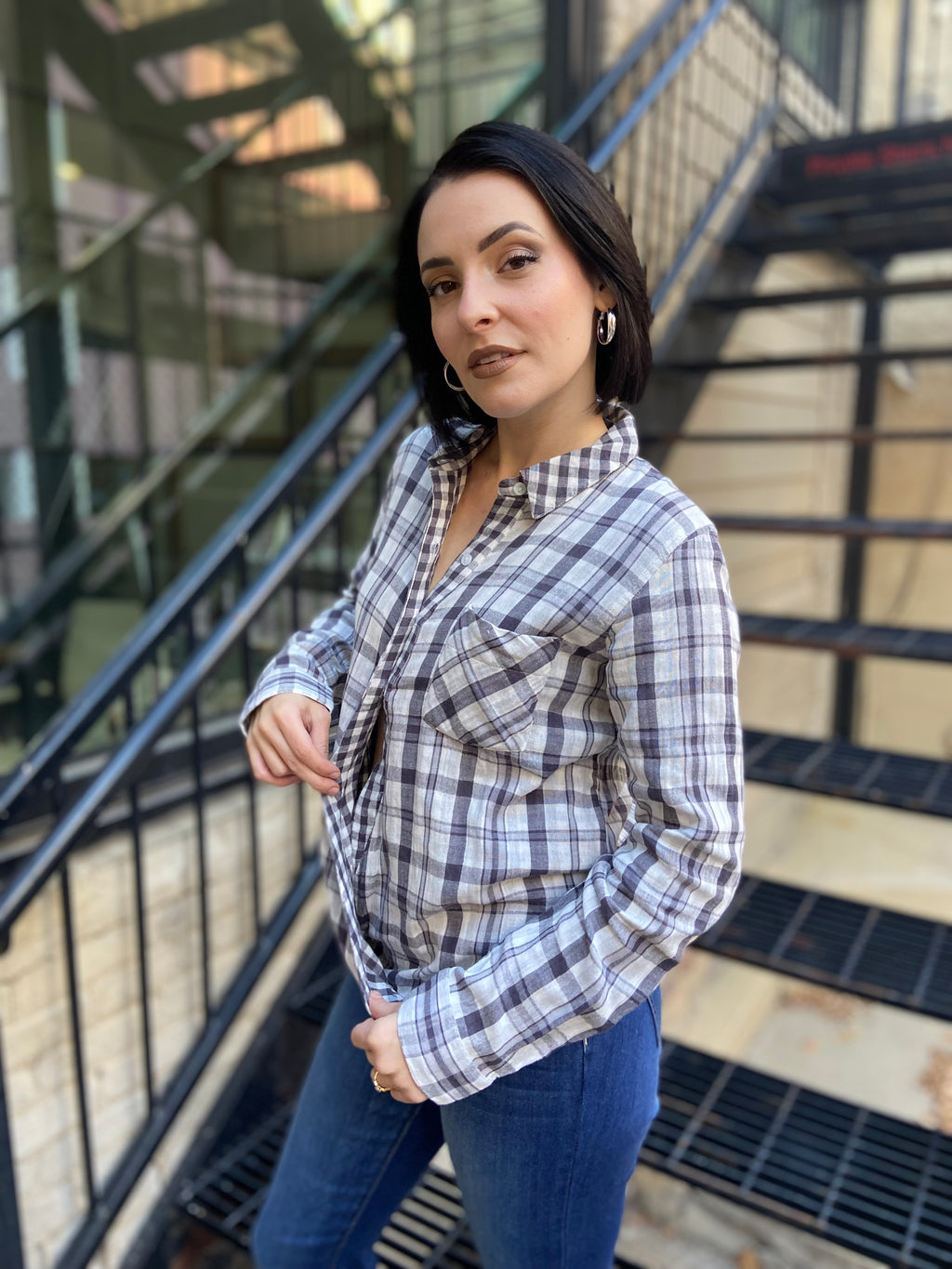 Megan Off White & Charcoal Asymmetric Flannel