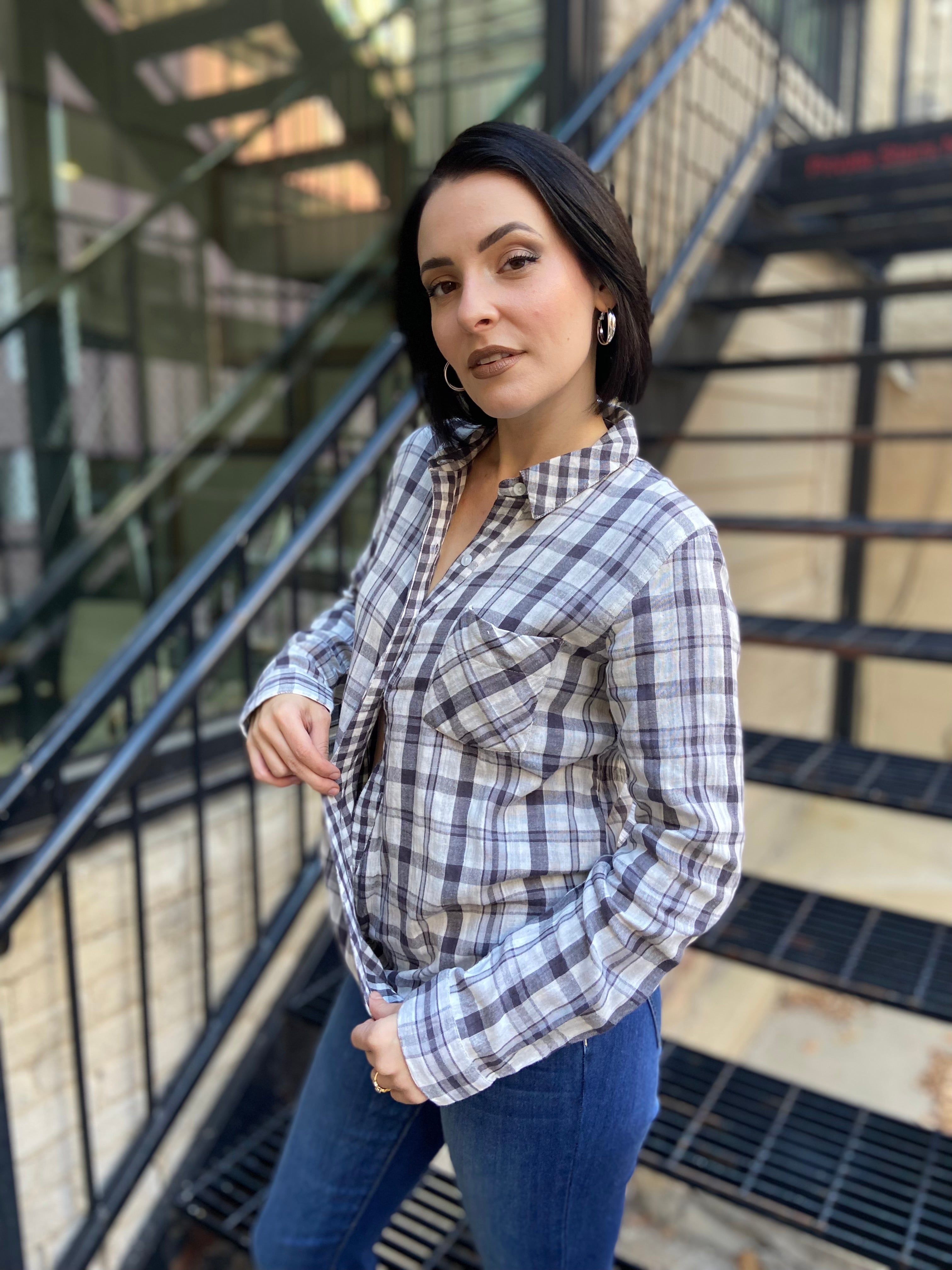 Megan Off White & Charcoal Asymmetric Flannel