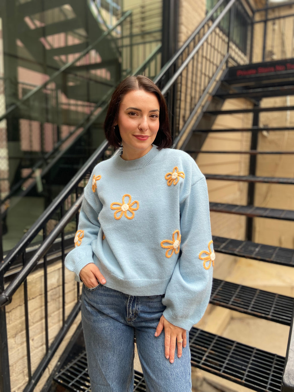 Monty Blue & Orange Flower Knit Sweater