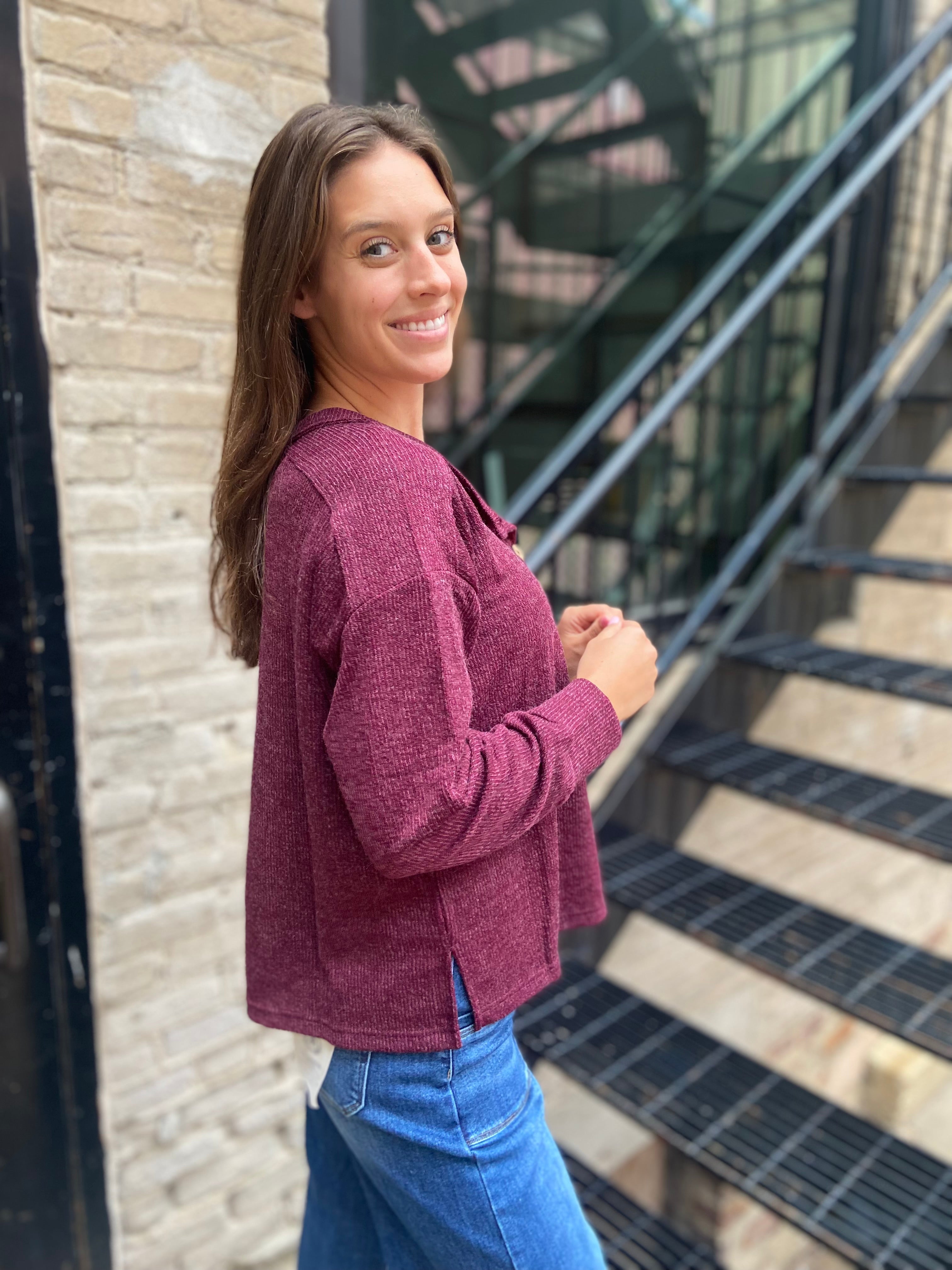 Kit Burgundy Ribbed Henley Long Sleeve Top