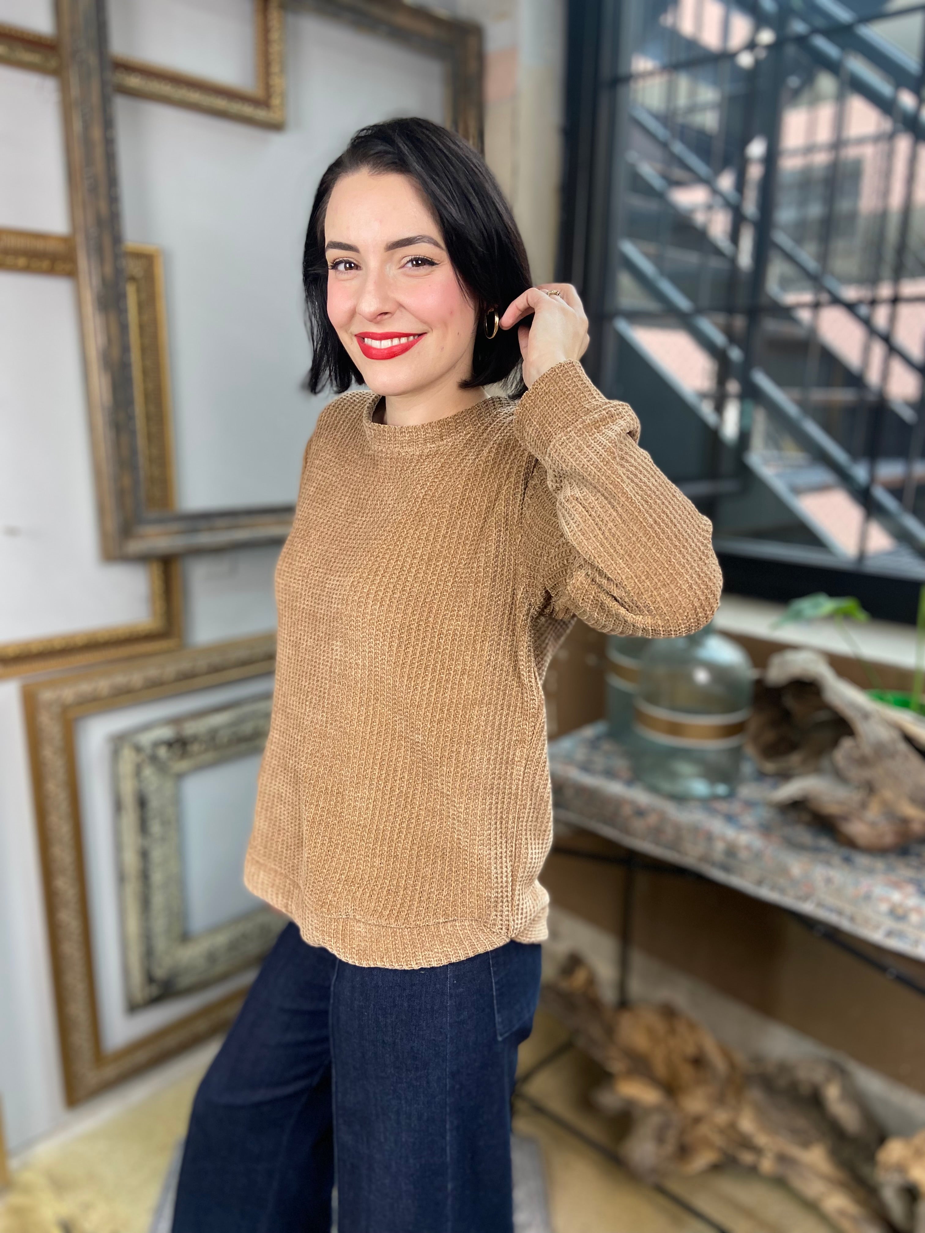 Kayla Deep Camel Chenille Waffle Round Neck Sweater