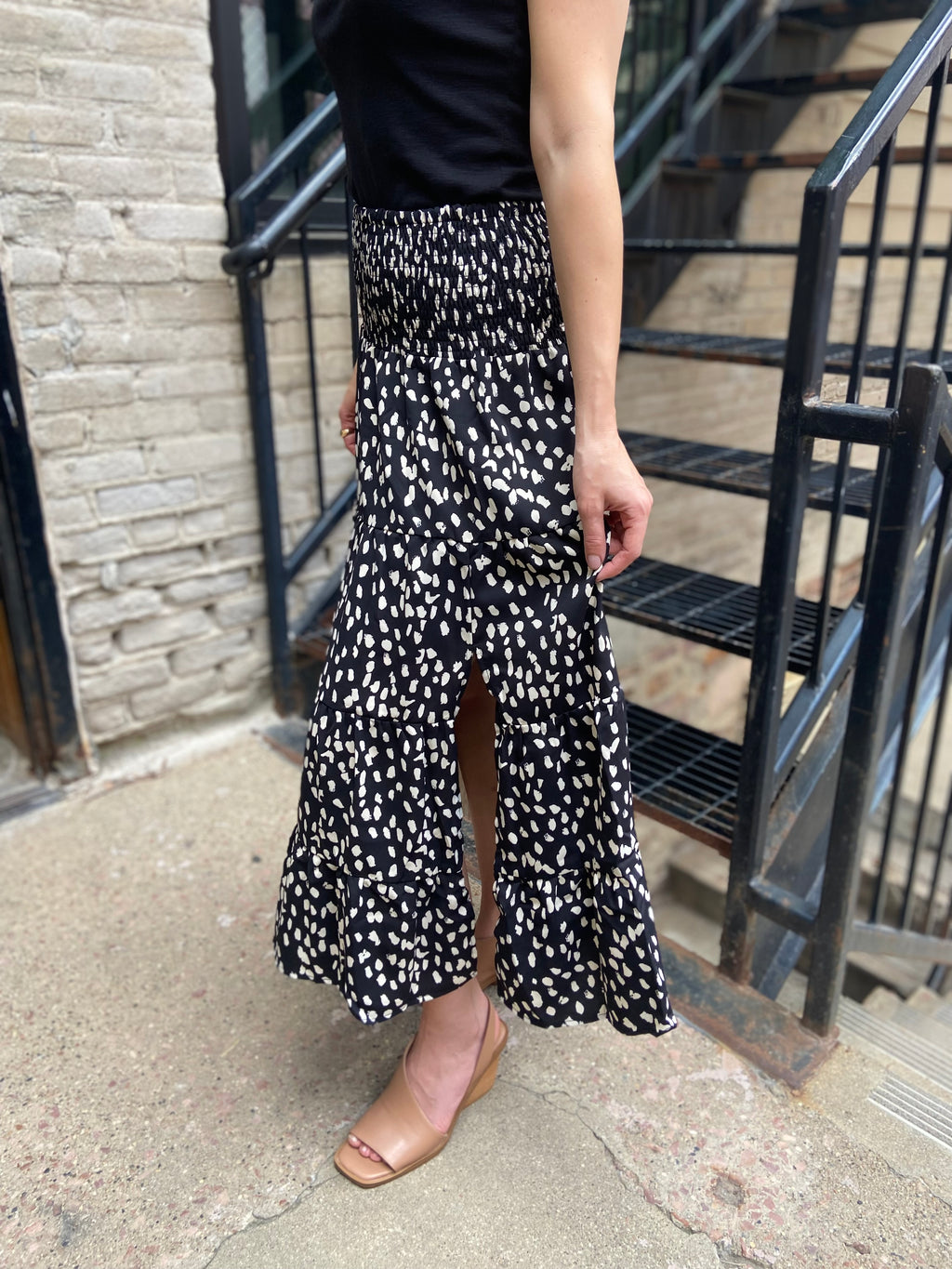 Nicola Black Pattern Slit Midi Skirt