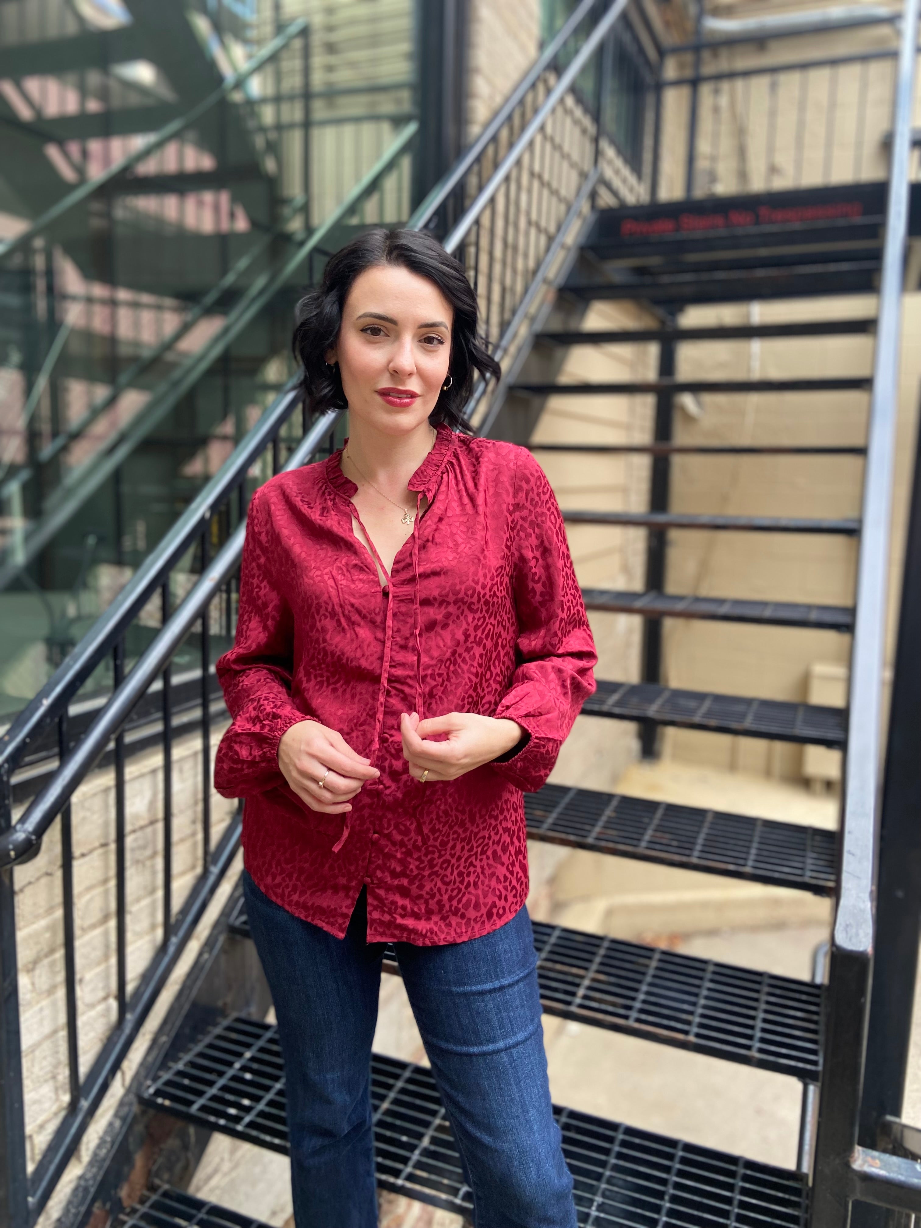 Jaquelin Burgundy Leopard Print Long Sleeve Blouse