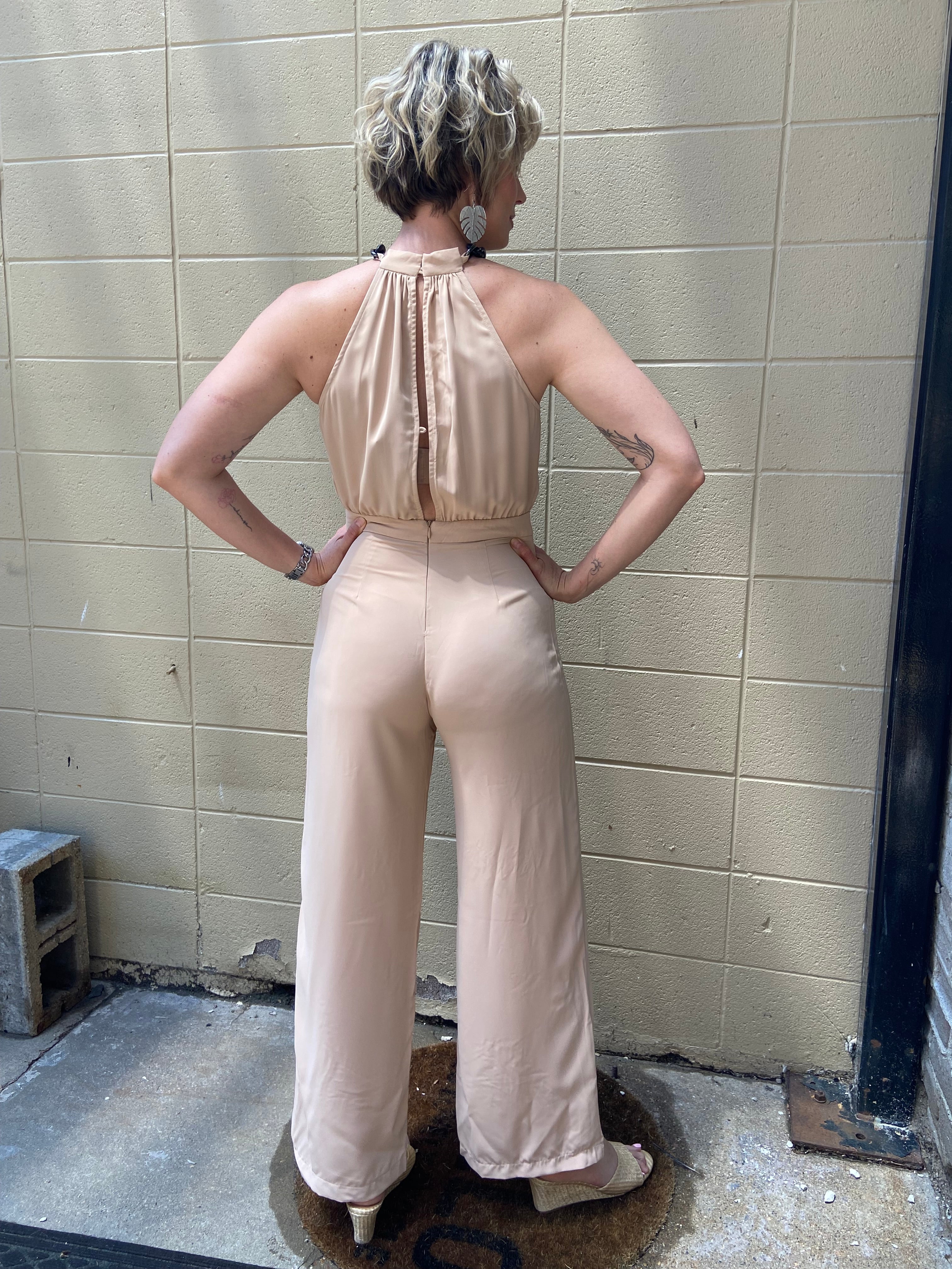 June Beige Halter Neck Jumpsuit - MK Threads Boutique
