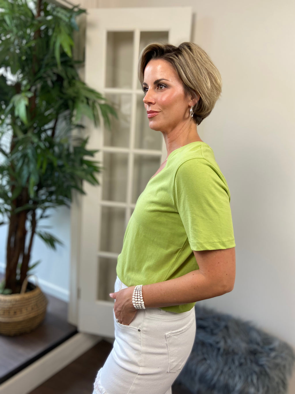 Hallie Light Olive V Neck Short Sleeve Top - MK Threads Boutique