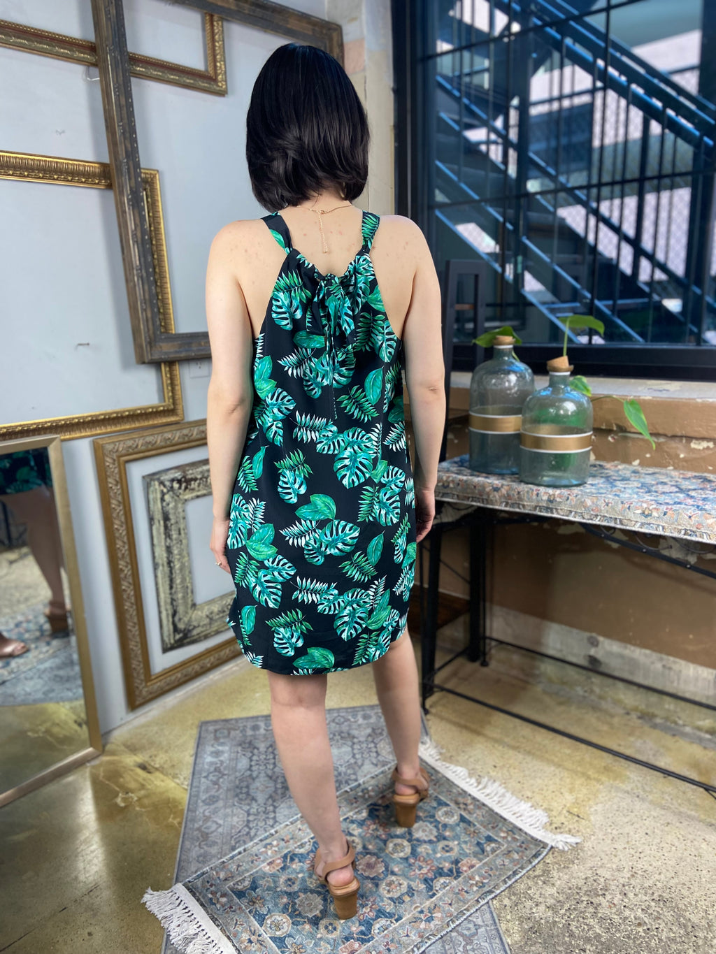 Angelina Black Tropical Print Halter Dress