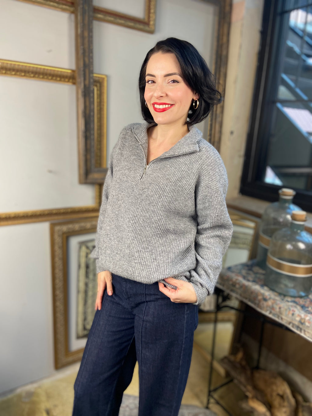 Riley Heather Gray Knit Half Zip Sweater