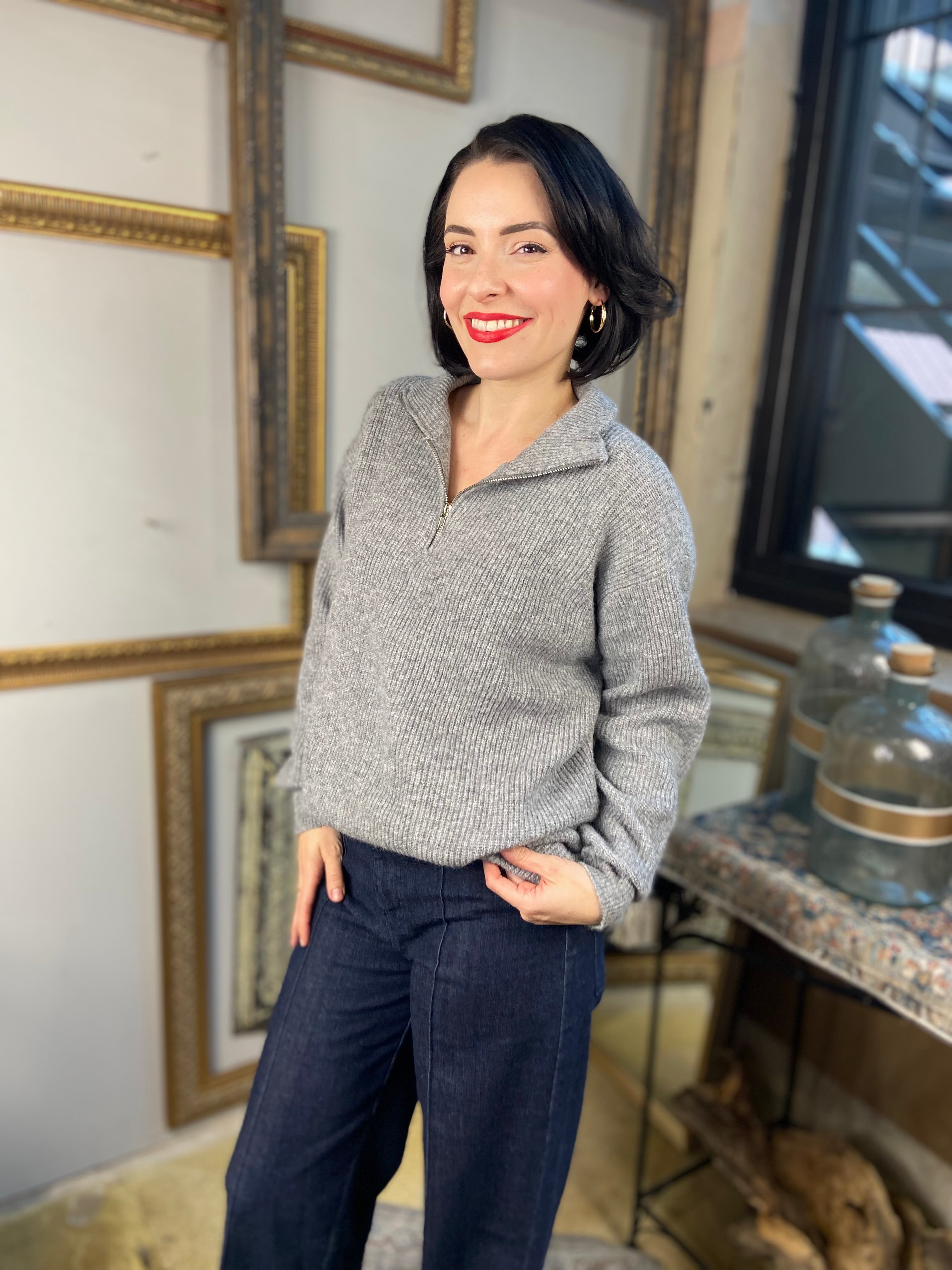 Riley Heather Gray Knit Half Zip Sweater