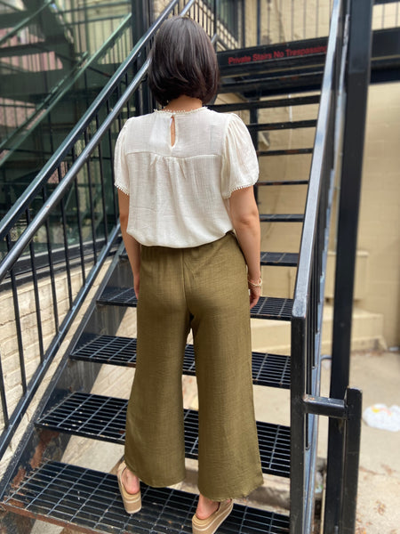 Vesper Olive Front Tie Cropped Pants