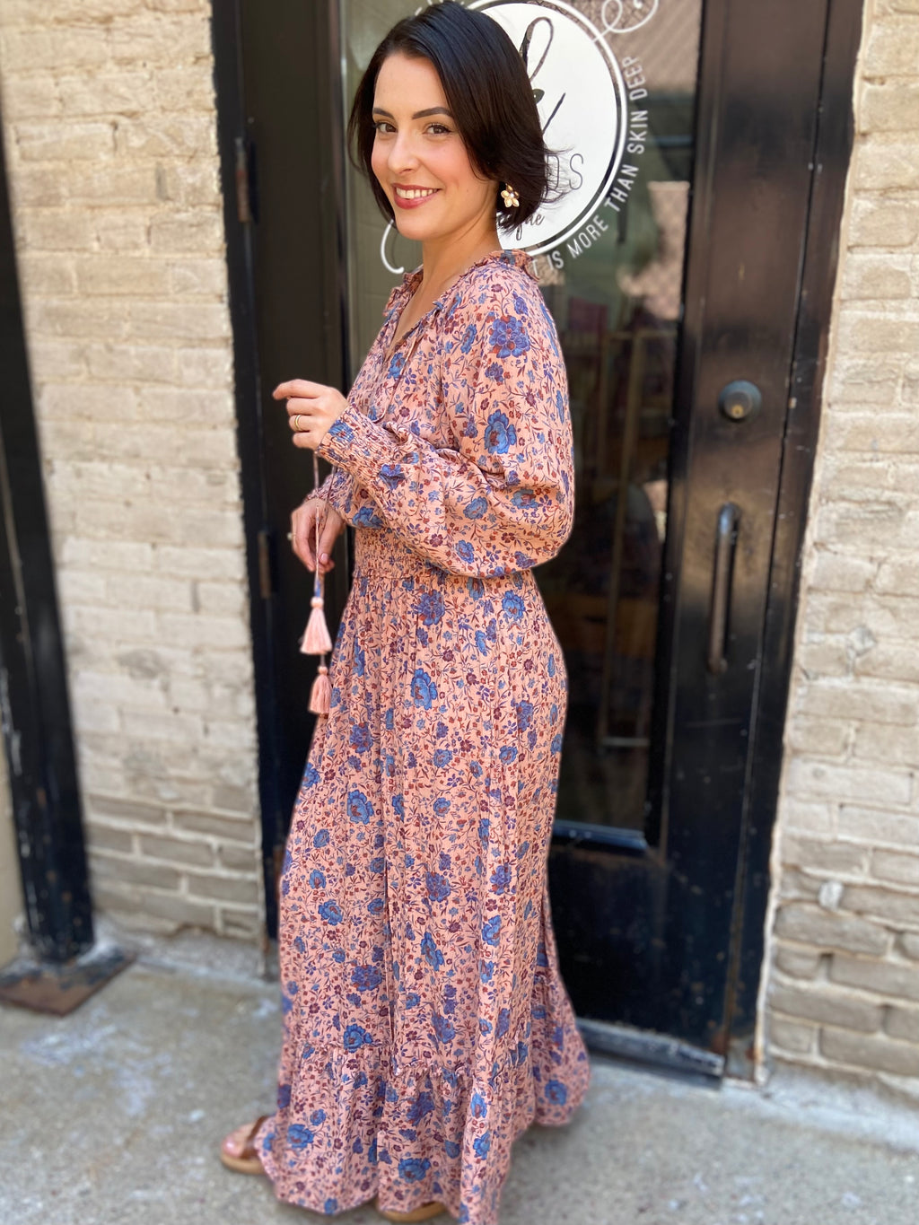 Florian Blue Clay Floral Print Neck Tie Maxi Dress