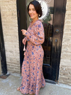 Florian Blue Clay Floral Print Neck Tie Maxi Dress