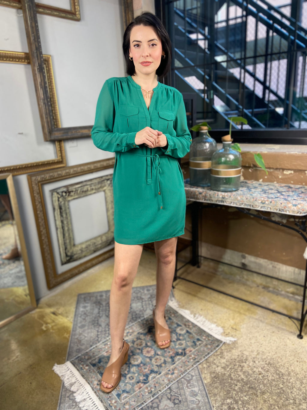 Hadley Green Drawstring Waist Long Sleeve Dress