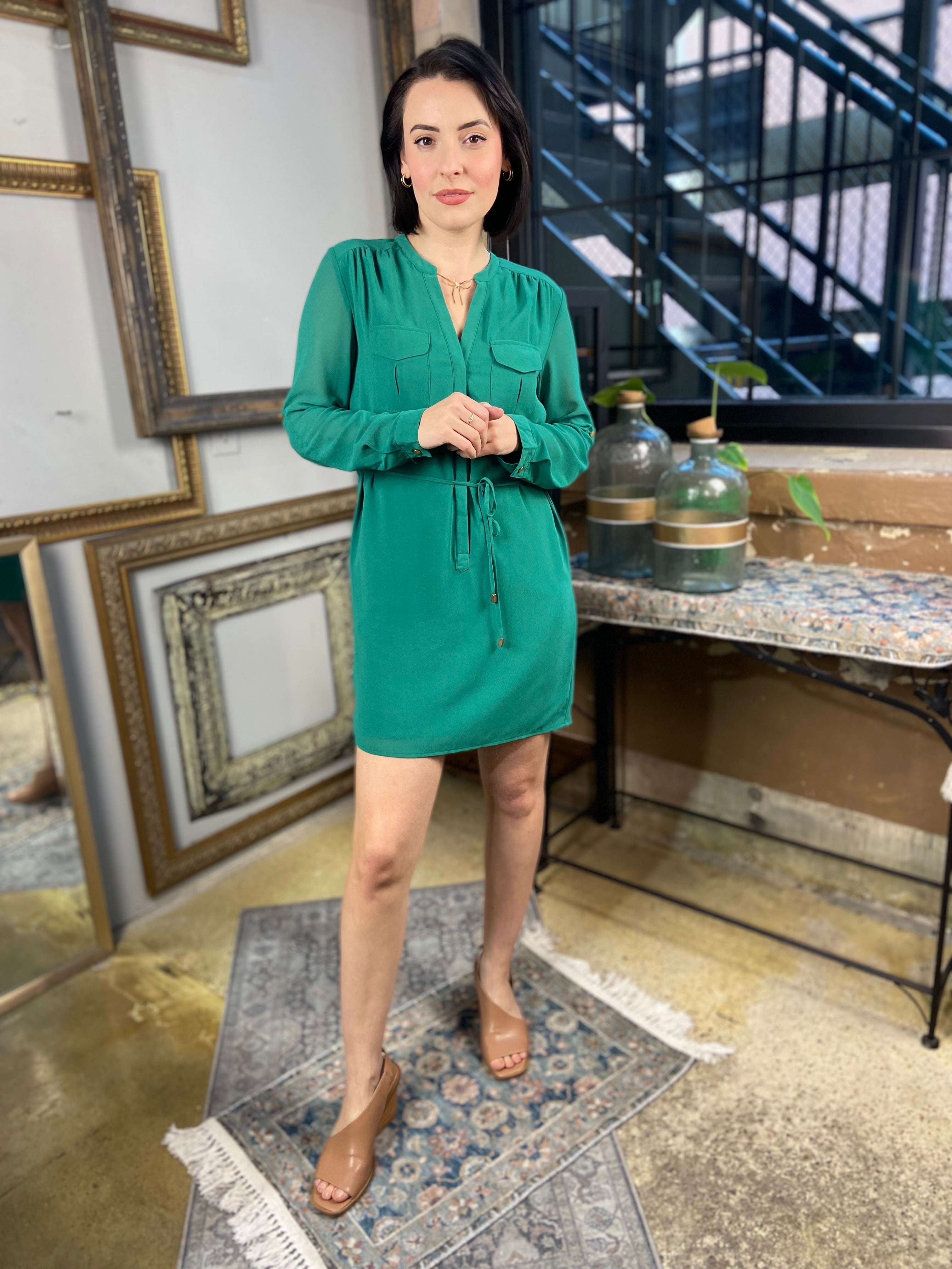 Hadley Green Drawstring Waist Long Sleeve Dress