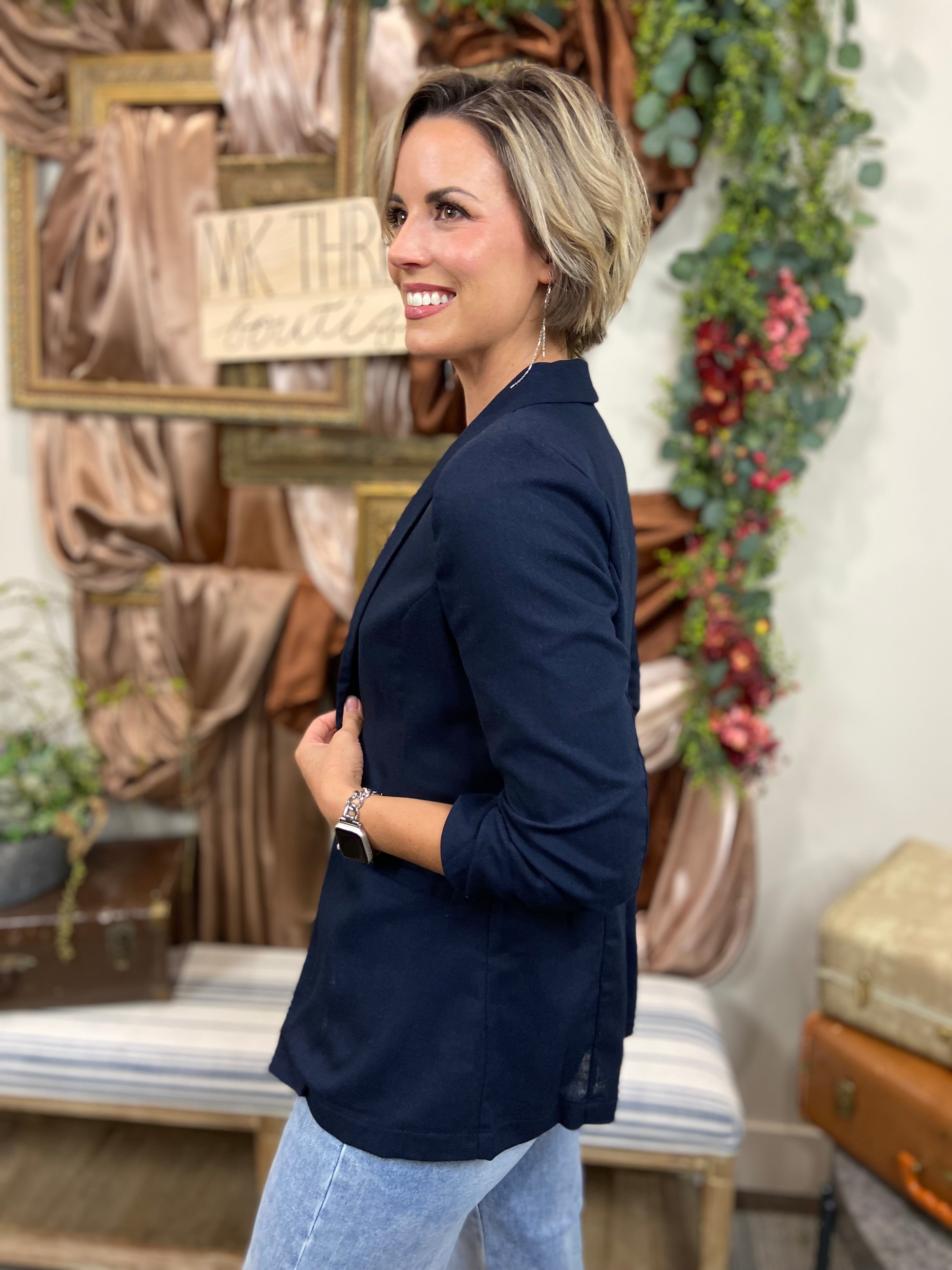 Ezra Navy Quarter Sleeve Blazer