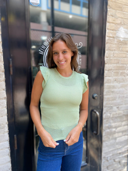 Olin Light Sage Ruffle Sleeve Knit Top