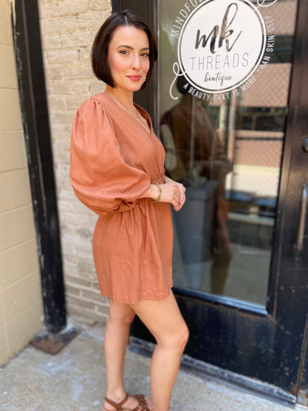 Lina Burnt Orange Half Sleeve Linen Romper