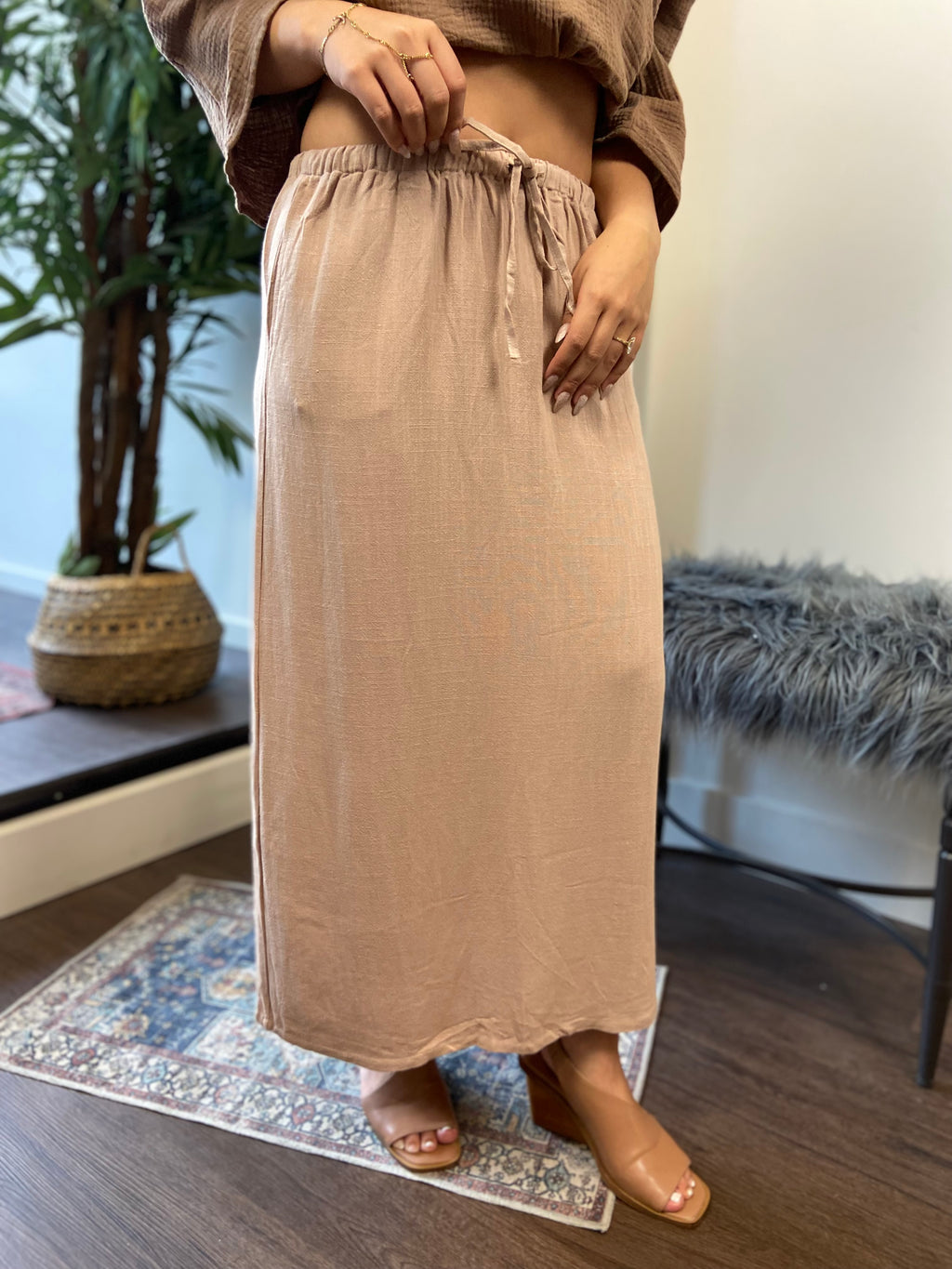 Source Beige Tie Waist Linen Midi Skirt - MK Threads Boutique
