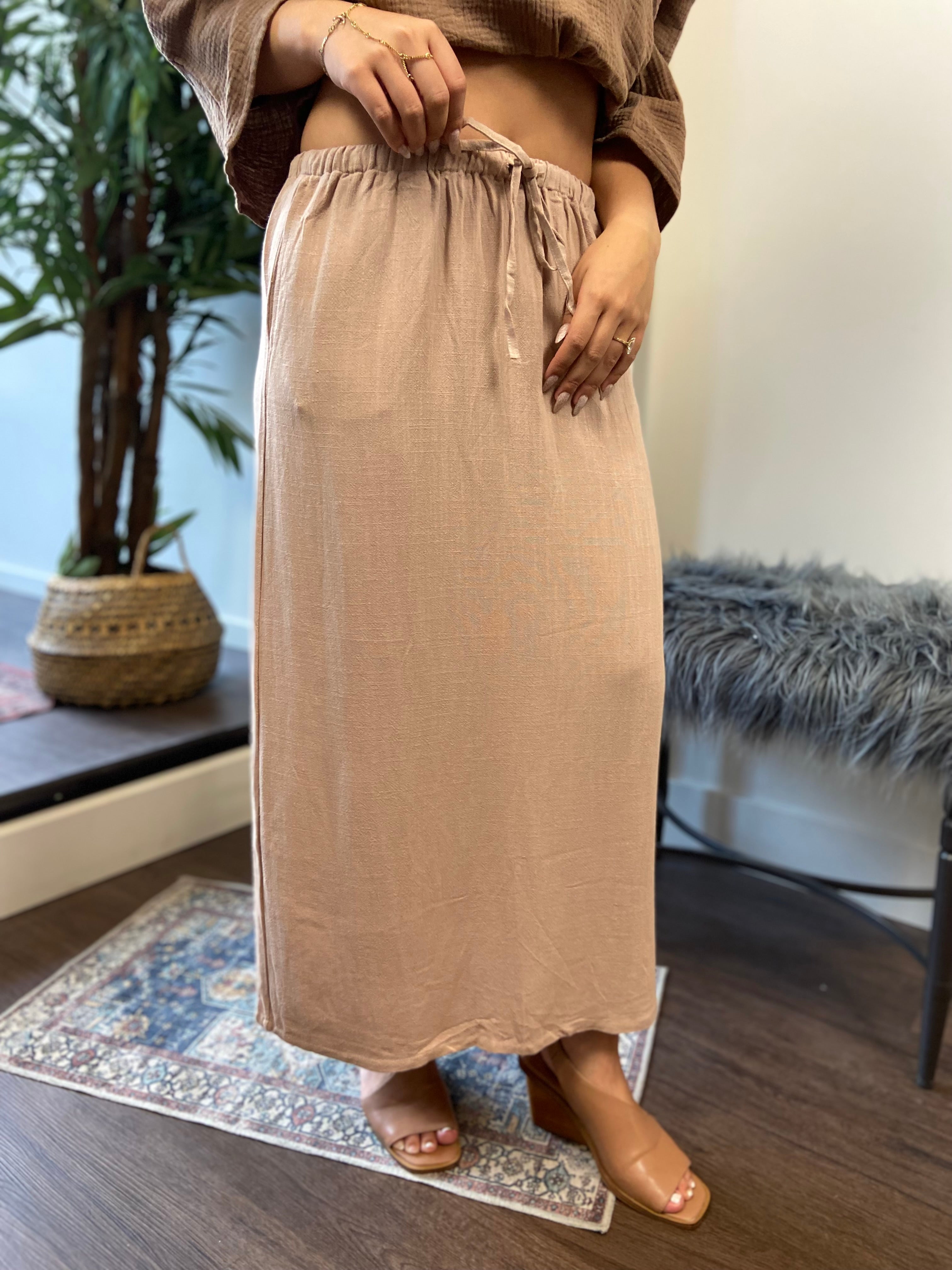 Source Beige Tie Waist Linen Midi Skirt - MK Threads Boutique