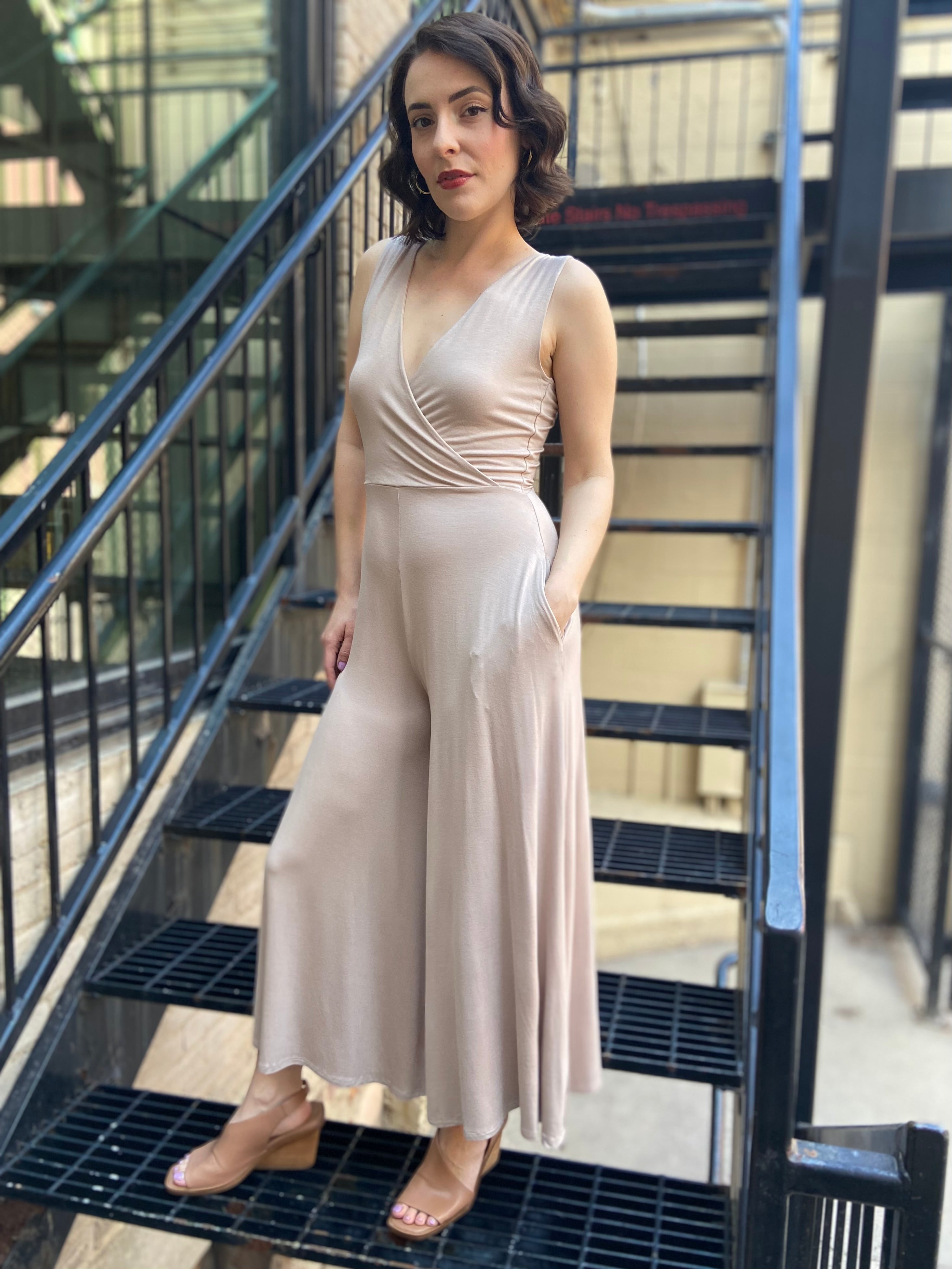 Mary Beige V Neck Wide Leg Jumpsuit - MK Threads Boutique