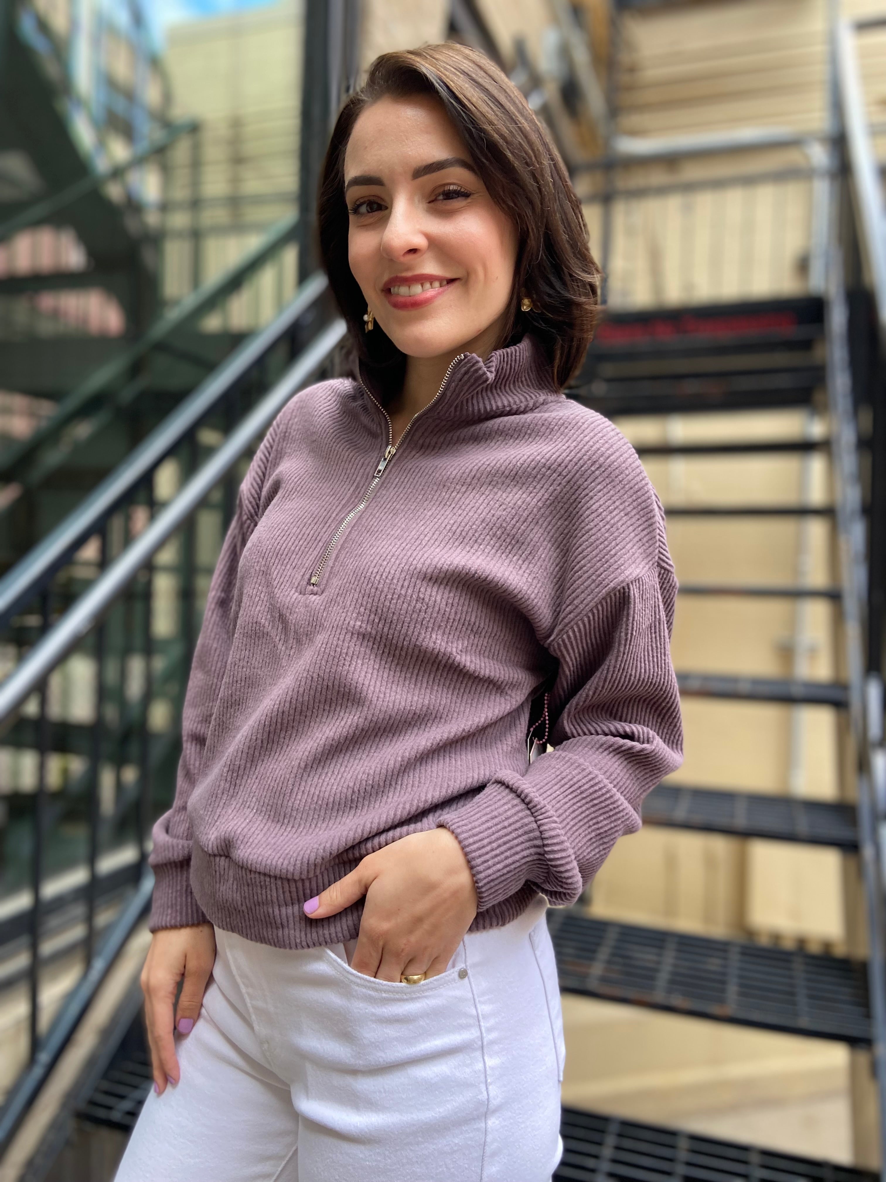 Kallie Taro Drop Shoulder Ribbed Half Zip - MK Threads Boutique