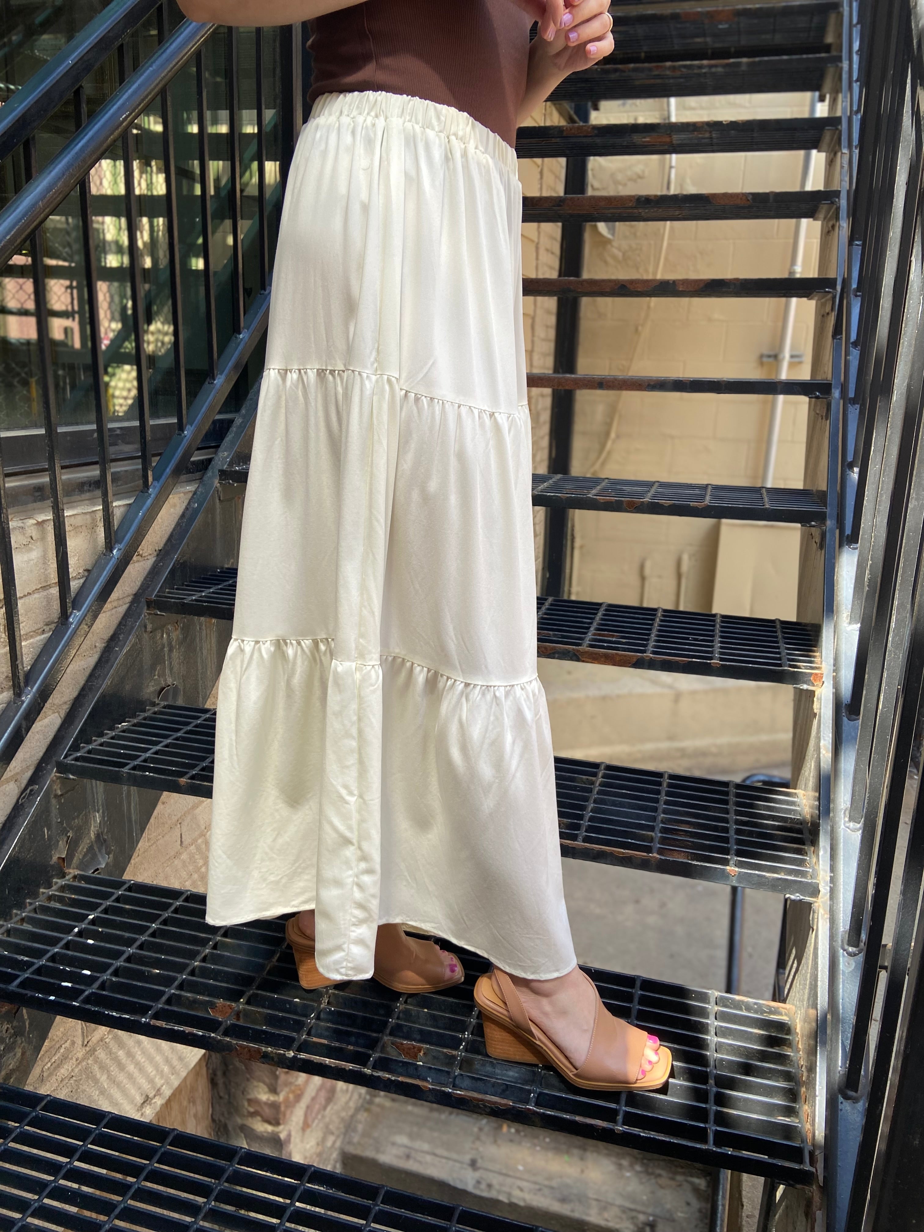 Angela Off White Elastic Tiered Flowy Maxi Skirt - MK Threads Boutique