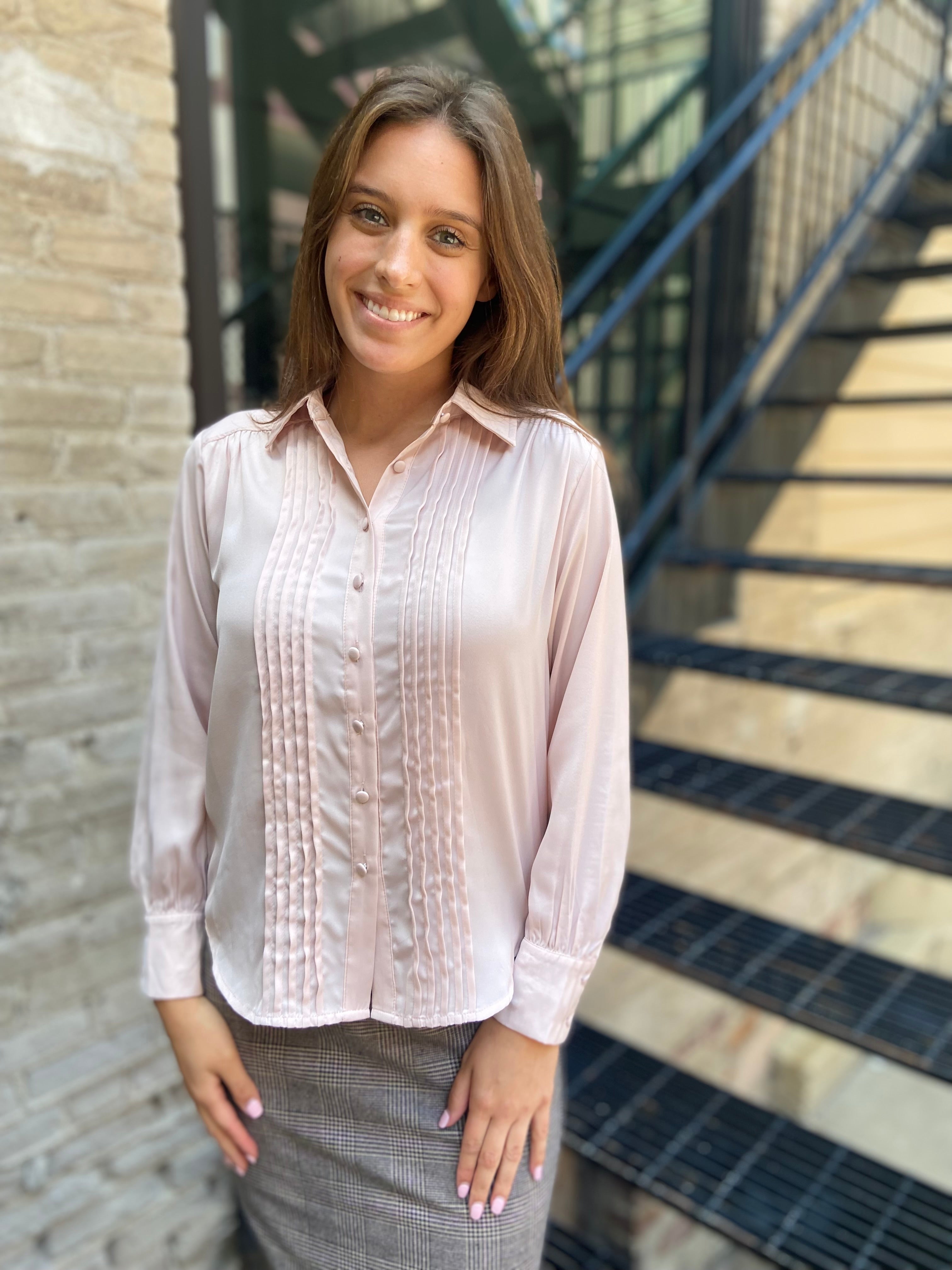 Kate Blush Pleated Long Sleeve Button Up