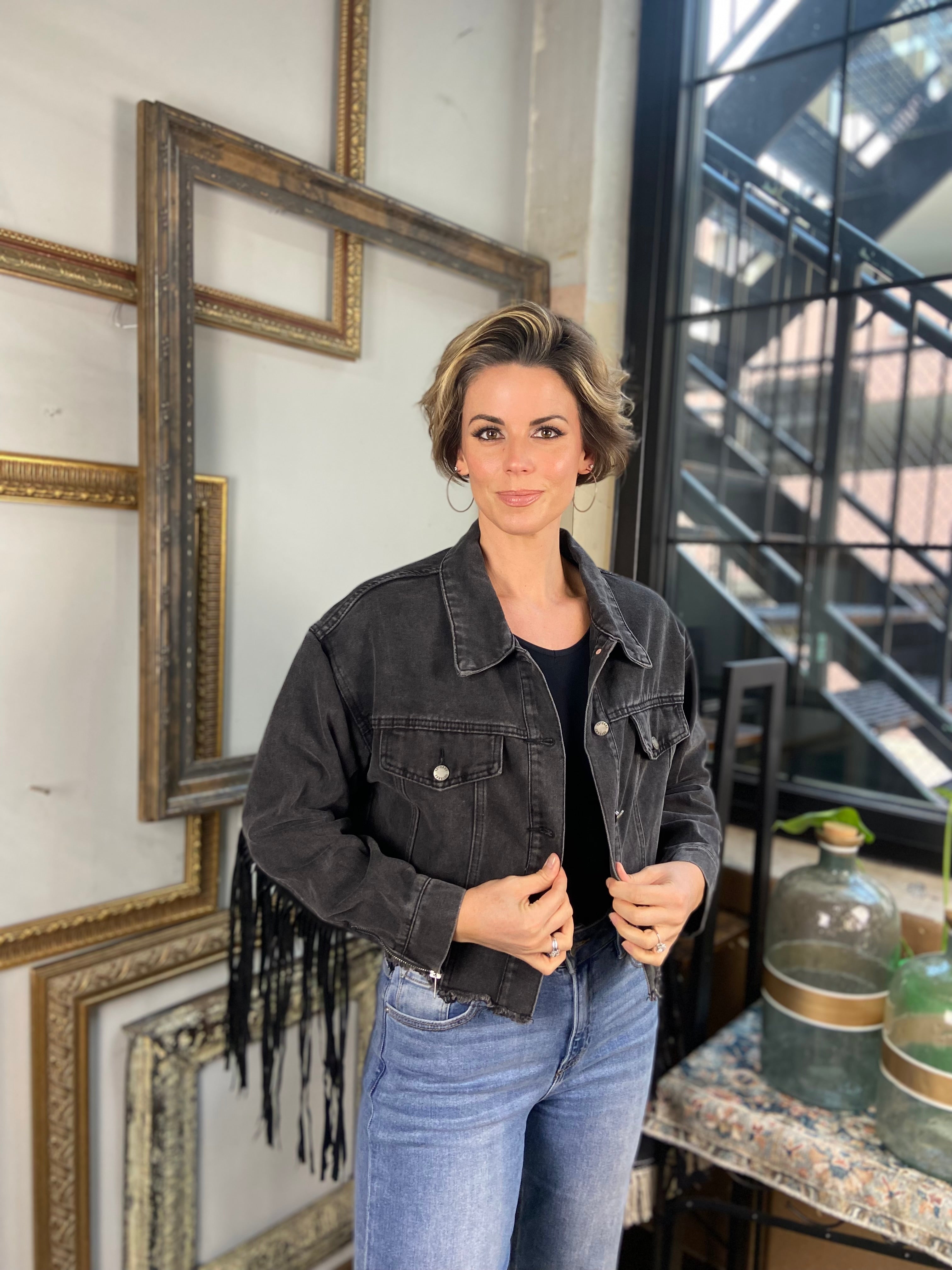 Cara Black Fringe Crop Jean Jacket