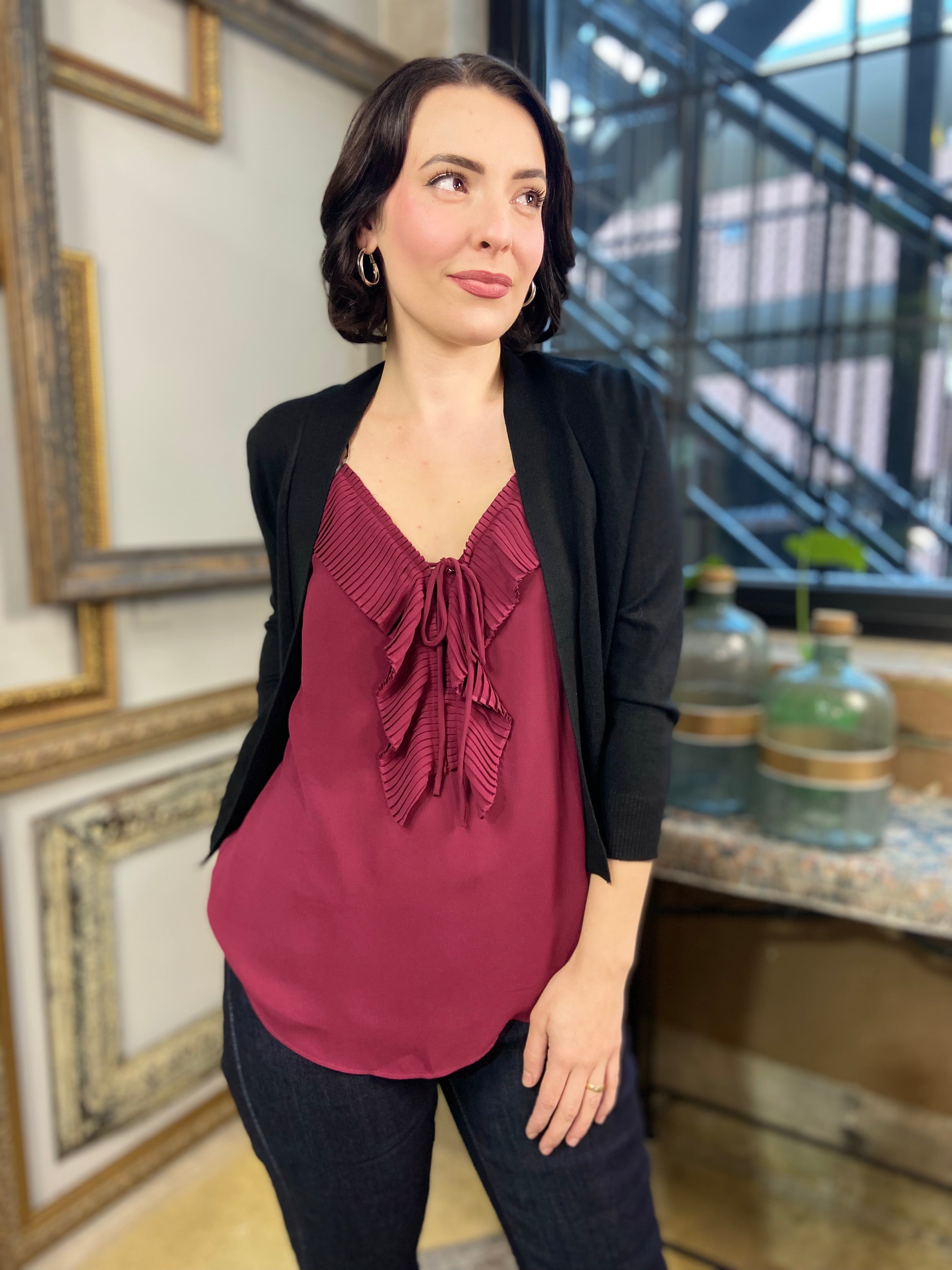 Tessa Wine Pleated Ruffle Cami Top