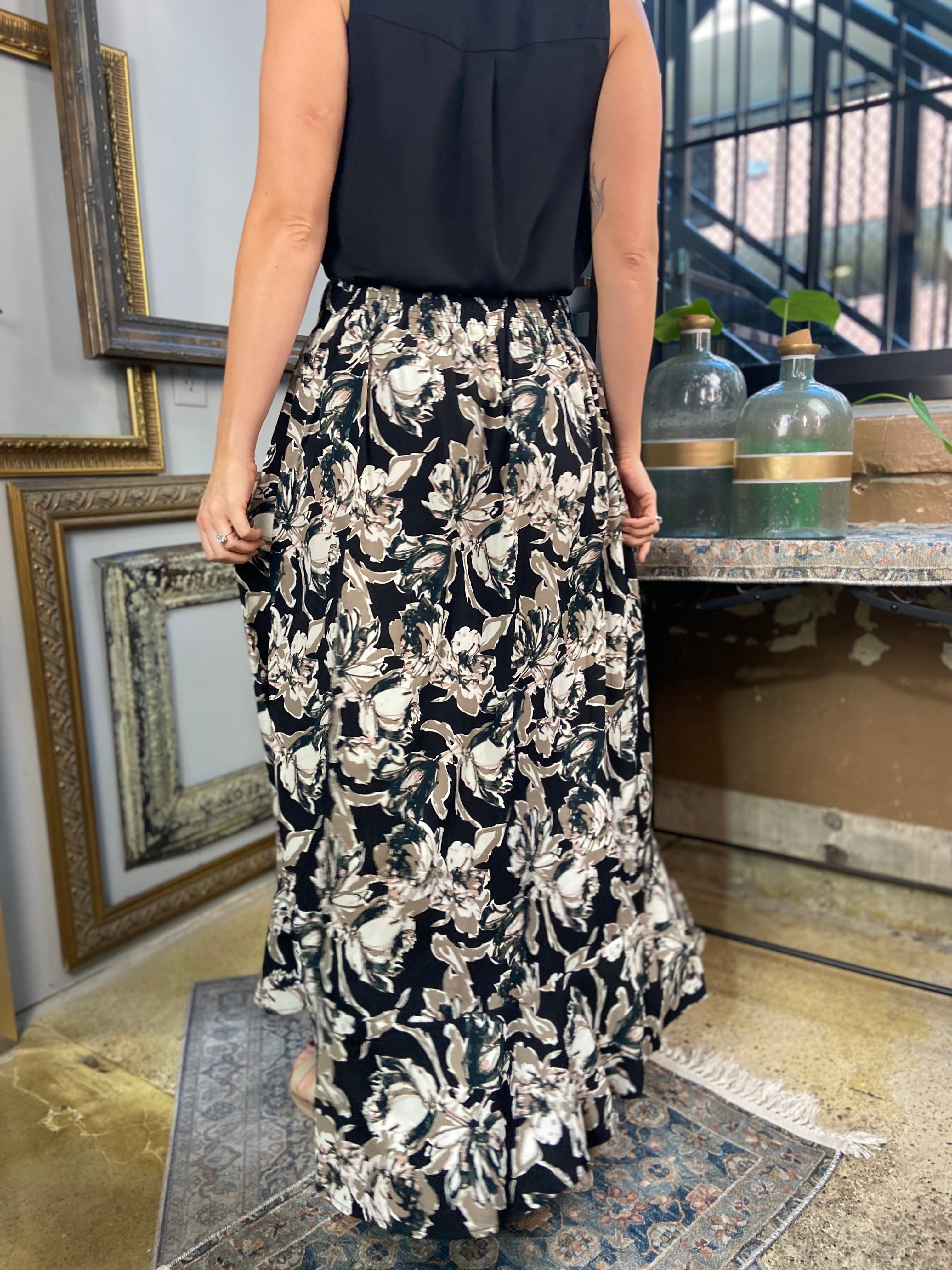 Mae Black Pattern Maxi Skirt