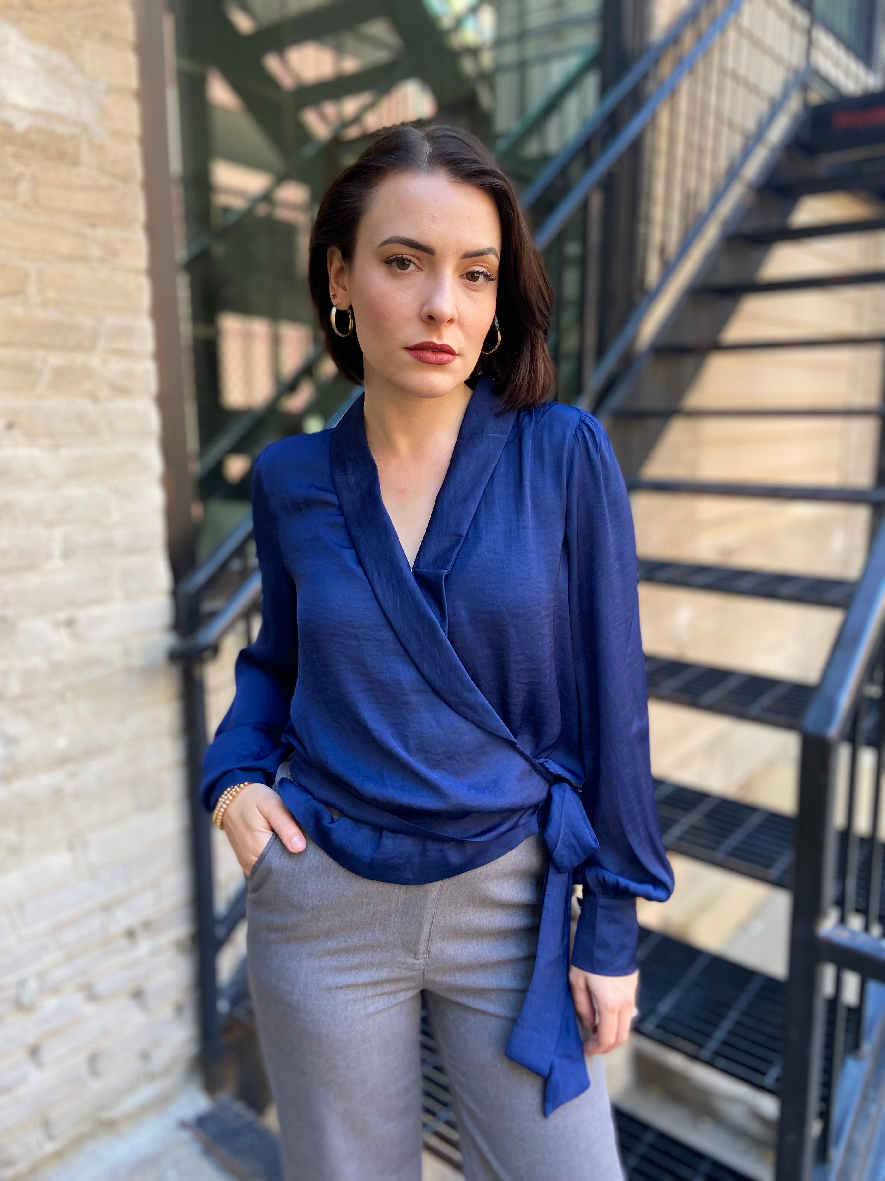 Brooke Navy Tie Long Balloon Sleeve Blouse