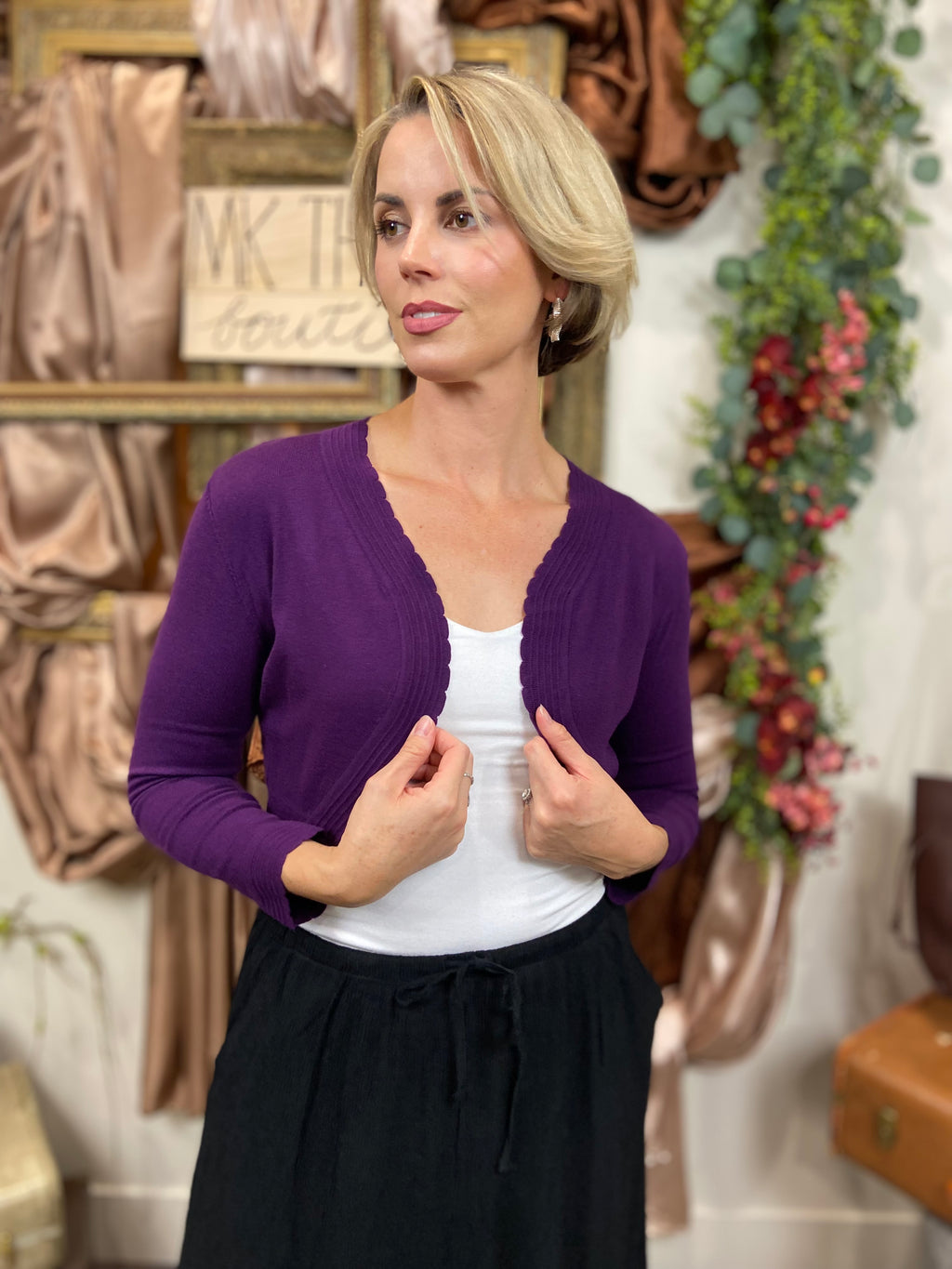 Stella Purple Scalloped Bolero Cardigan