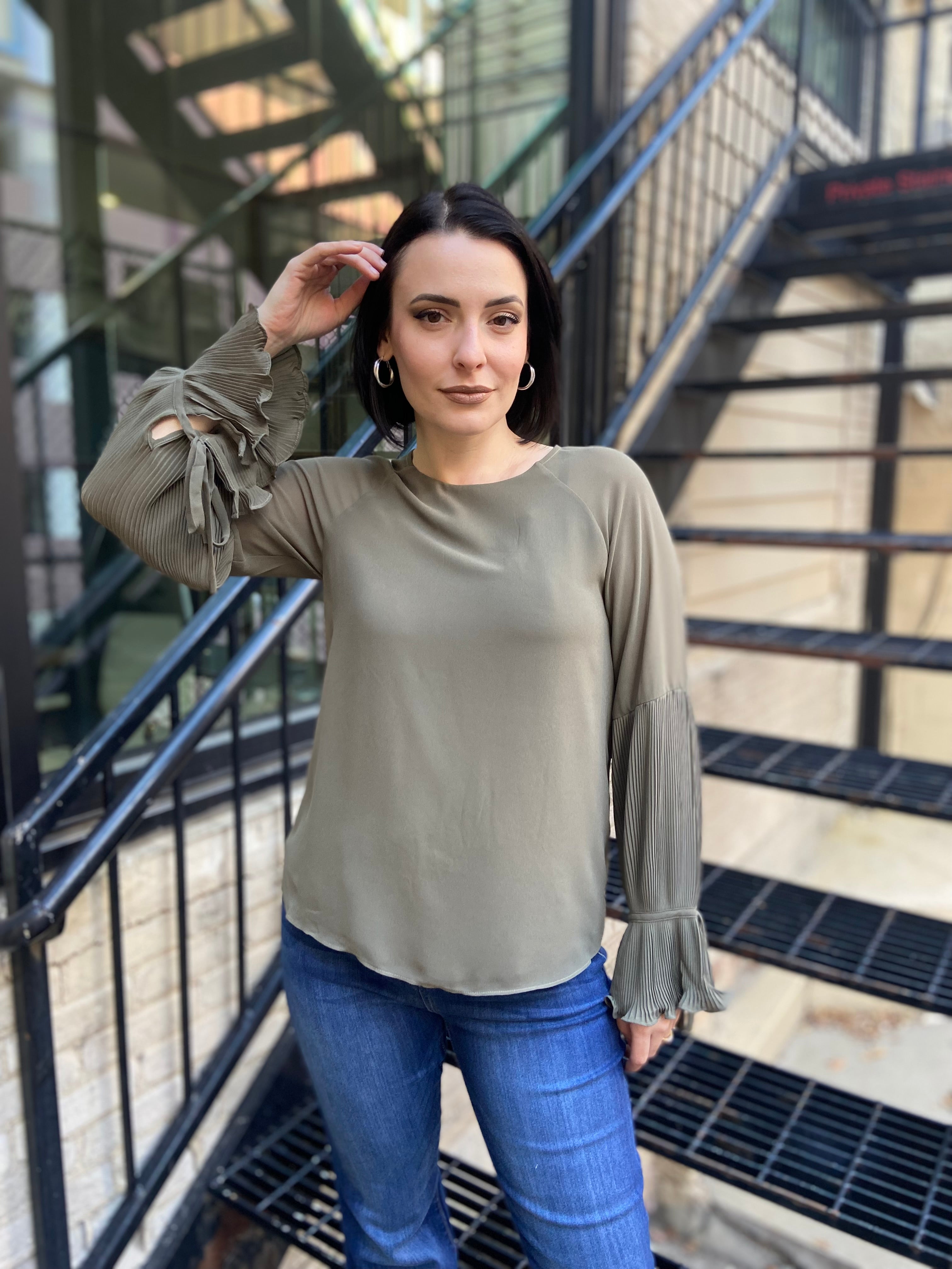 Olivia Olive Pleated Bell Sleeve Long Sleeve Blouse