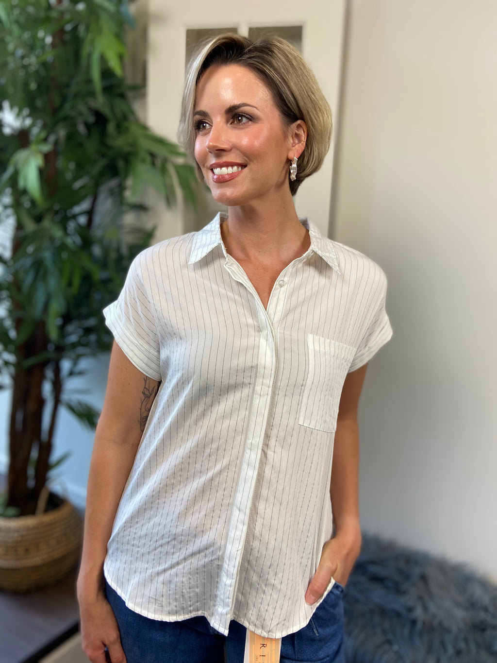 Blair White Pin Stripe Collard Button Down Shirt - MK Threads Boutique