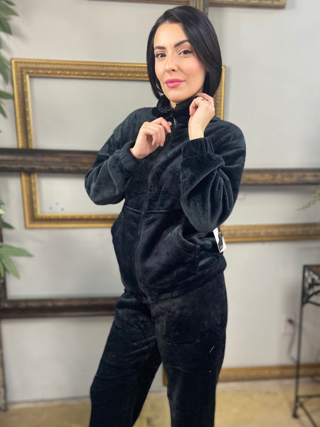 Black fleece lounge jacket with matching pants