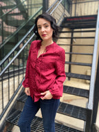 Jaquelin Burgundy Leopard Print Long Sleeve Blouse